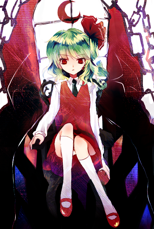 prino hawell, flandre scarlet, kazami yuuka, touhou, bad id, bad pixiv id, 1girl, alternate costume, blouse, collared shirt, dress, female focus, full body, green hair, kneehighs, necktie, pinafore dress, red eyes, red shoes, ribbon, shirt, shoes, sleeveless, sleeveless dress, socks, solo, white background, white shirt, white socks, wings