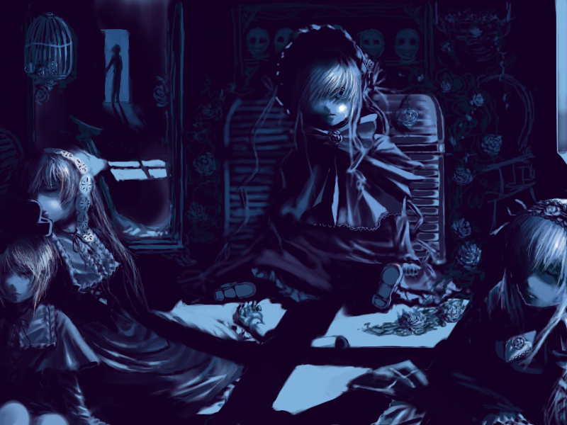 nosaka eiji, shinku, souseiseki, suigintou, suiseiseki, rozen maiden, silver hair, bad id, bad pixiv id, 00s, 4girls, blonde hair, blue eyes, bonnet, bow, brown hair, cage, closed eyes, creepy, dark, doll, dress, hairband, horror (theme), multiple girls, pectorals, shadow, treasure chest