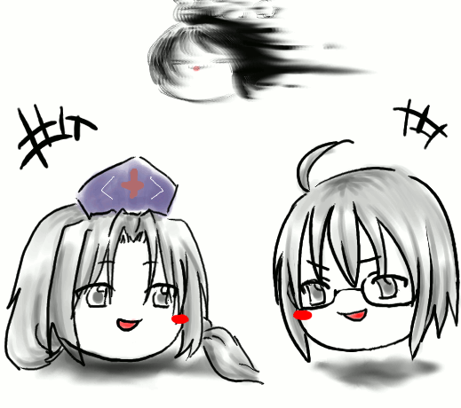 suenoko, morichika rinnosuke, shameimaru aya, yagokoro eirin, touhou, silver hair, bad id, bad pixiv id, 1boy, 2girls, ahoge, black hair, braid, glasses, hat, long hair, multiple girls, partially colored, short hair, white background, yukkuri shiteitte ne