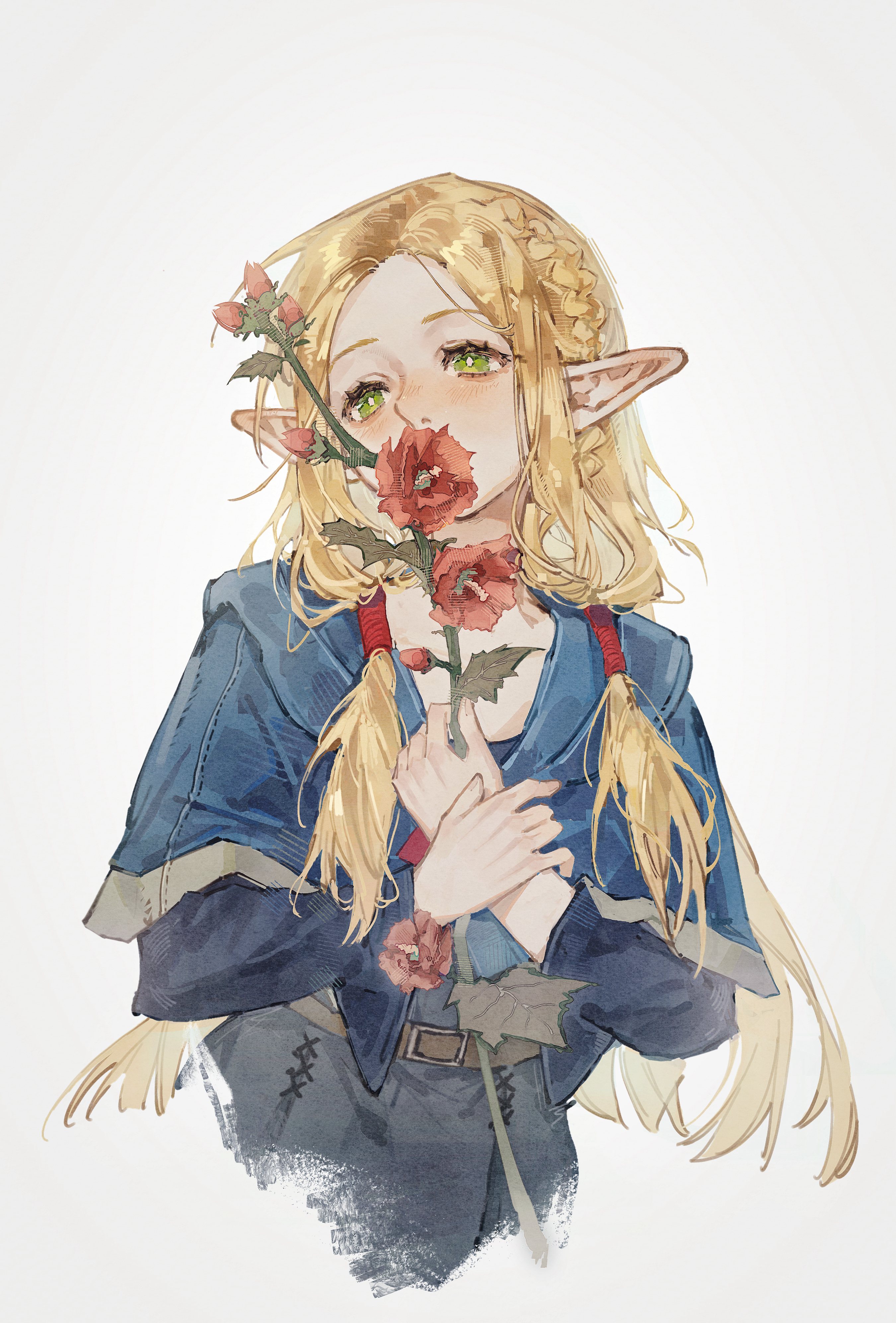 huaique, marcille donato, arknights, dungeon meshi, absurdres, highres, 1girl, belt, blonde hair, blue tunic, blush, braid, elf, flower, flower over mouth, green eyes, holding, holding flower, long hair, looking at viewer, parted lips, pointy ears, red flower, red straps, rose, simple background, solo, tunic, twin braids, upper body, white background