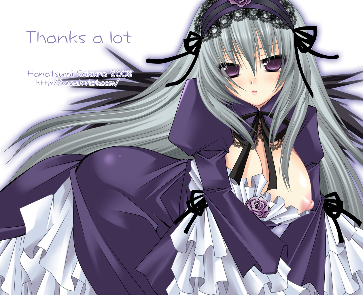 sakura hanatsumi, suigintou, rozen maiden, silver hair, 00s, blush, breasts, dress, hairband, huge breasts, nipple slip, nipples, purple eyes, solo, wings