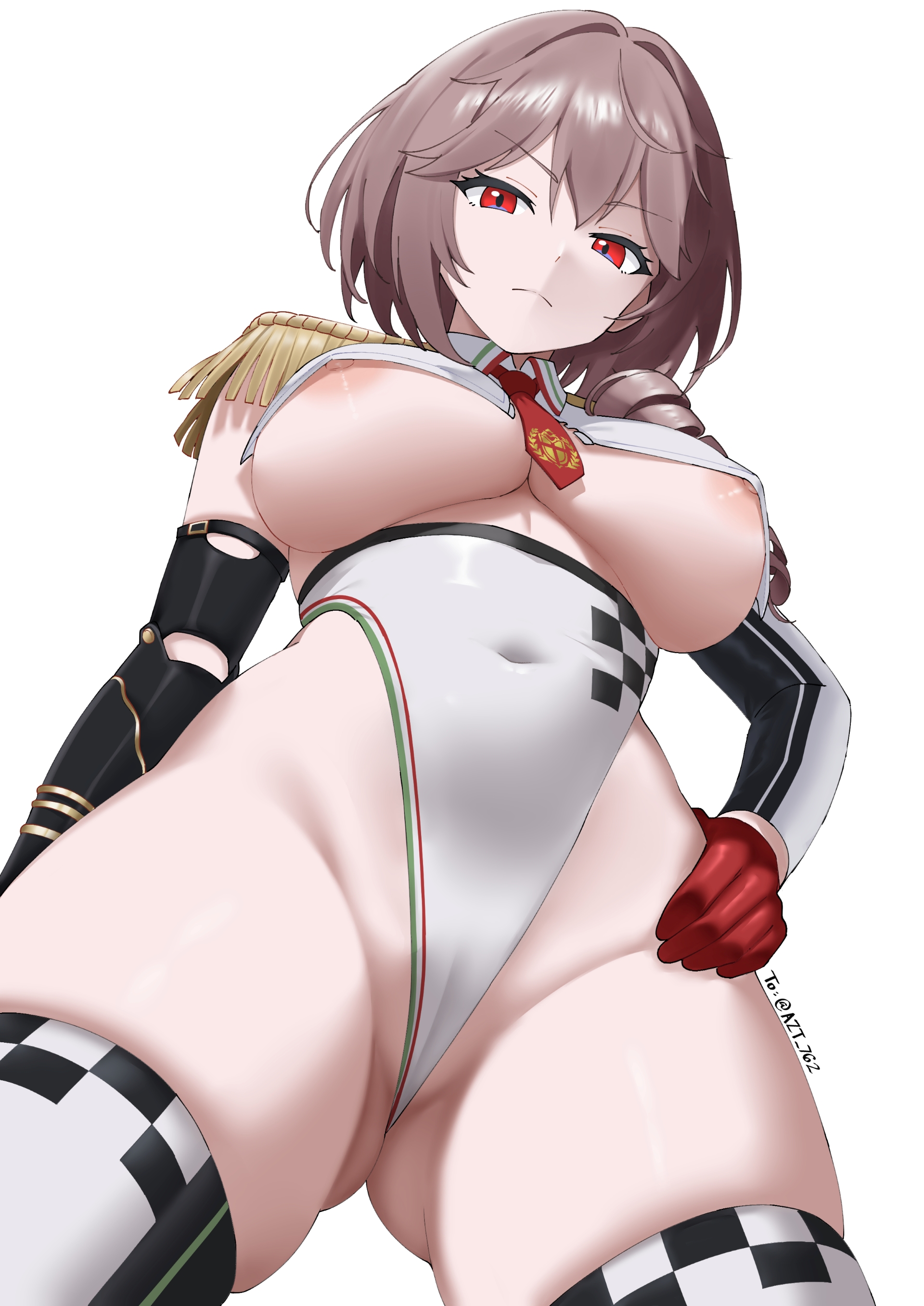 parallelrey, duca degli abruzzi (azur lane), azur lane, absurdres, commentary, commission, english commentary, highres, 1girl, alternate costume, breasts, brown hair, closed mouth, collared shirt, covered navel, cowboy shot, crop top, detached sleeves, epaulettes, frown, gloves, gluteal fold, hair between eyes, hand on own hip, large breasts, leotard, looking at viewer, necktie, nipple slip, nipples, prosthesis, prosthetic arm, race queen, red eyes, red gloves, red necktie, revealing clothes, shirt, short hair, sidelocks, simple background, single detached sleeve, single epaulette, skindentation, sleeveless, sleeveless shirt, solo, standing, thighhighs, underboob, white background, white leotard, white shirt, white thighhighs