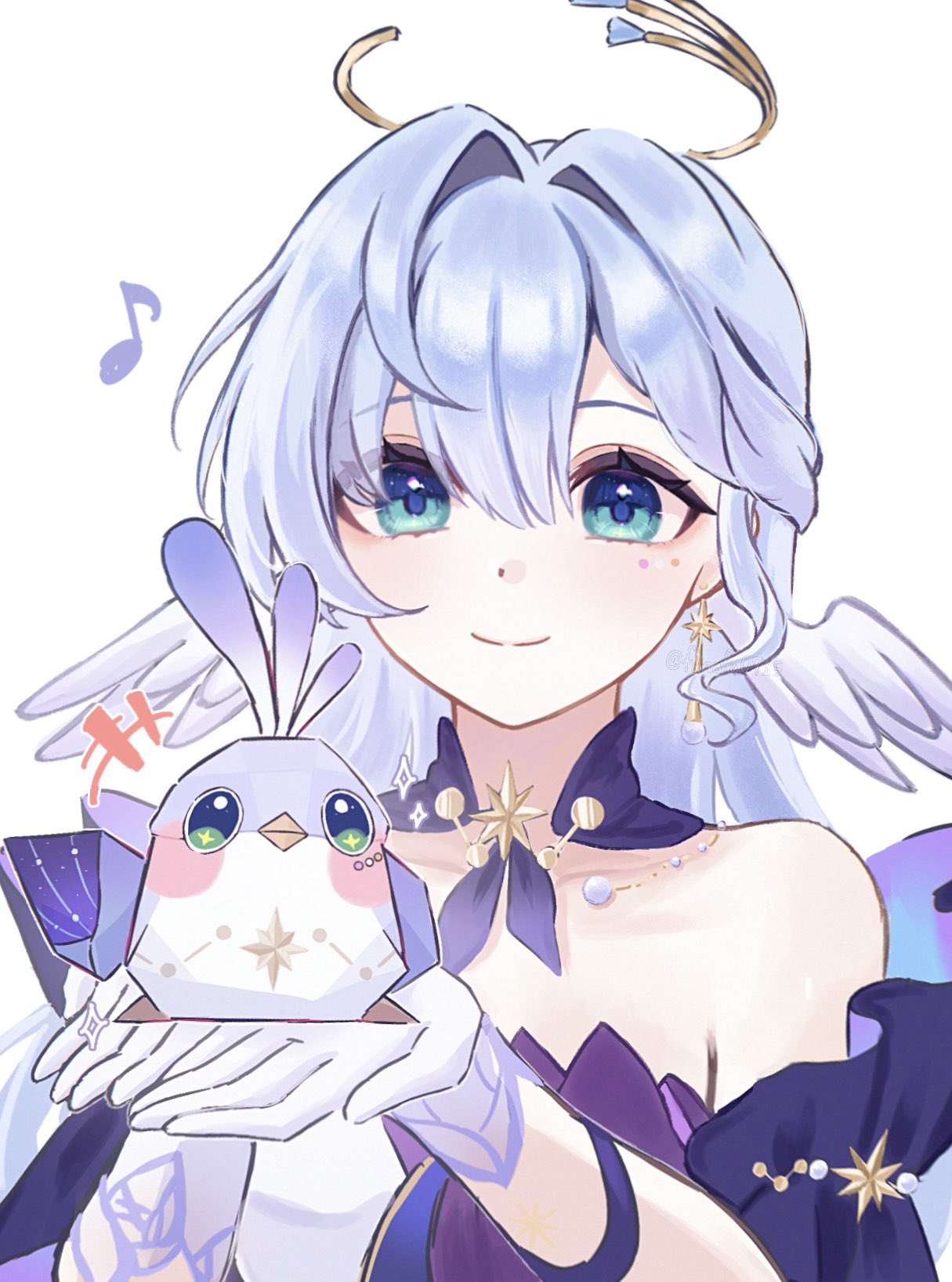 funafu, robin (honkai: star rail), robin (robird) (honkai: star rail), honkai: star rail, honkai (series), commentary, highres, 1girl, bird, black gloves, blue hair, detached collar, detached sleeves, earrings, gem, gloves, green eyes, hair between eyes, halo, head wings, jewel under eye, jewelry, pearl (gemstone), single earring, smile, waving, white background, wings