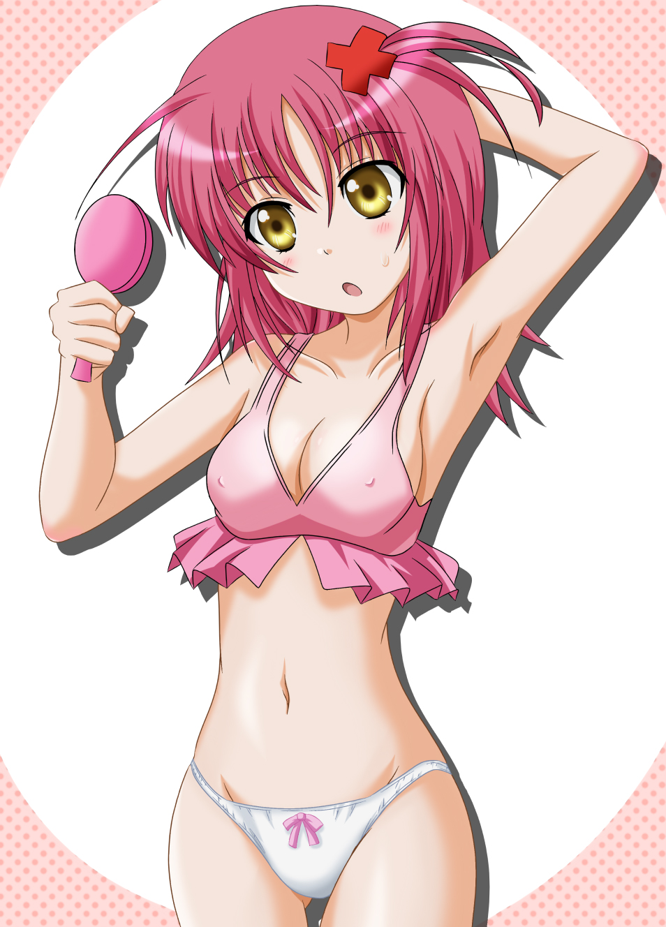 takumi (rozen garten), hinamori amu, shugo chara!, highres, 1girl, arm up, armpits, breasts, cleavage, female focus, hair ornament, midriff, mirror, navel, panties, pink hair, side ponytail, solo, underwear, yellow eyes