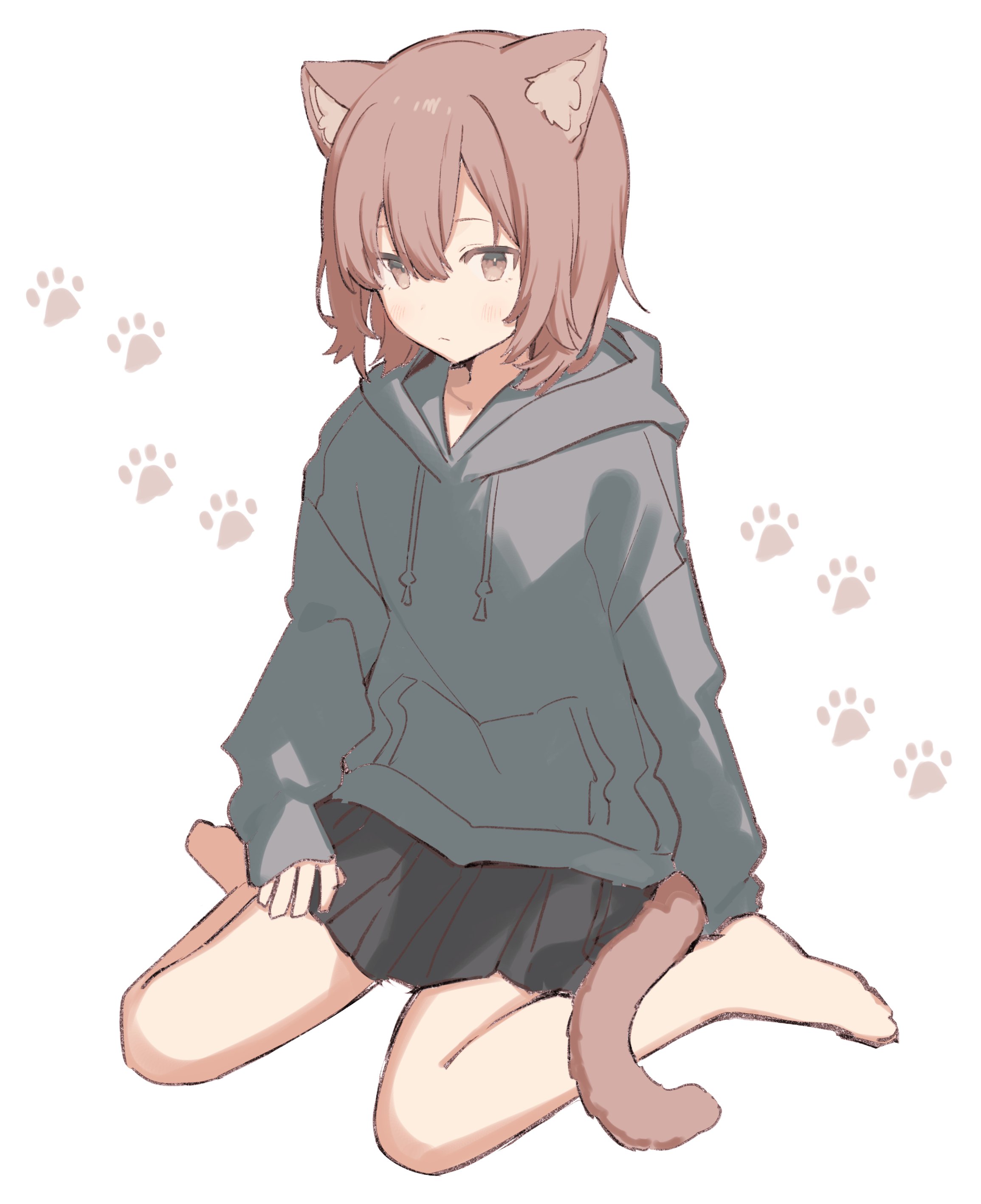 shiratakiseaice, original, absurdres, highres, 1girl, animal ear fluff, animal ears, barefoot, black skirt, brown eyes, brown hair, cat ears, cat girl, cat tail, collarbone, double-parted bangs, drawstring, full body, grey hoodie, hair between eyes, hood, hood down, hoodie, light blush, long sleeves, looking at viewer, medium hair, miniskirt, paw print, paw print background, pleated skirt, pout, sidelocks, simple background, sitting, skirt, sleeves past wrists, solo, tail, wariza, white background