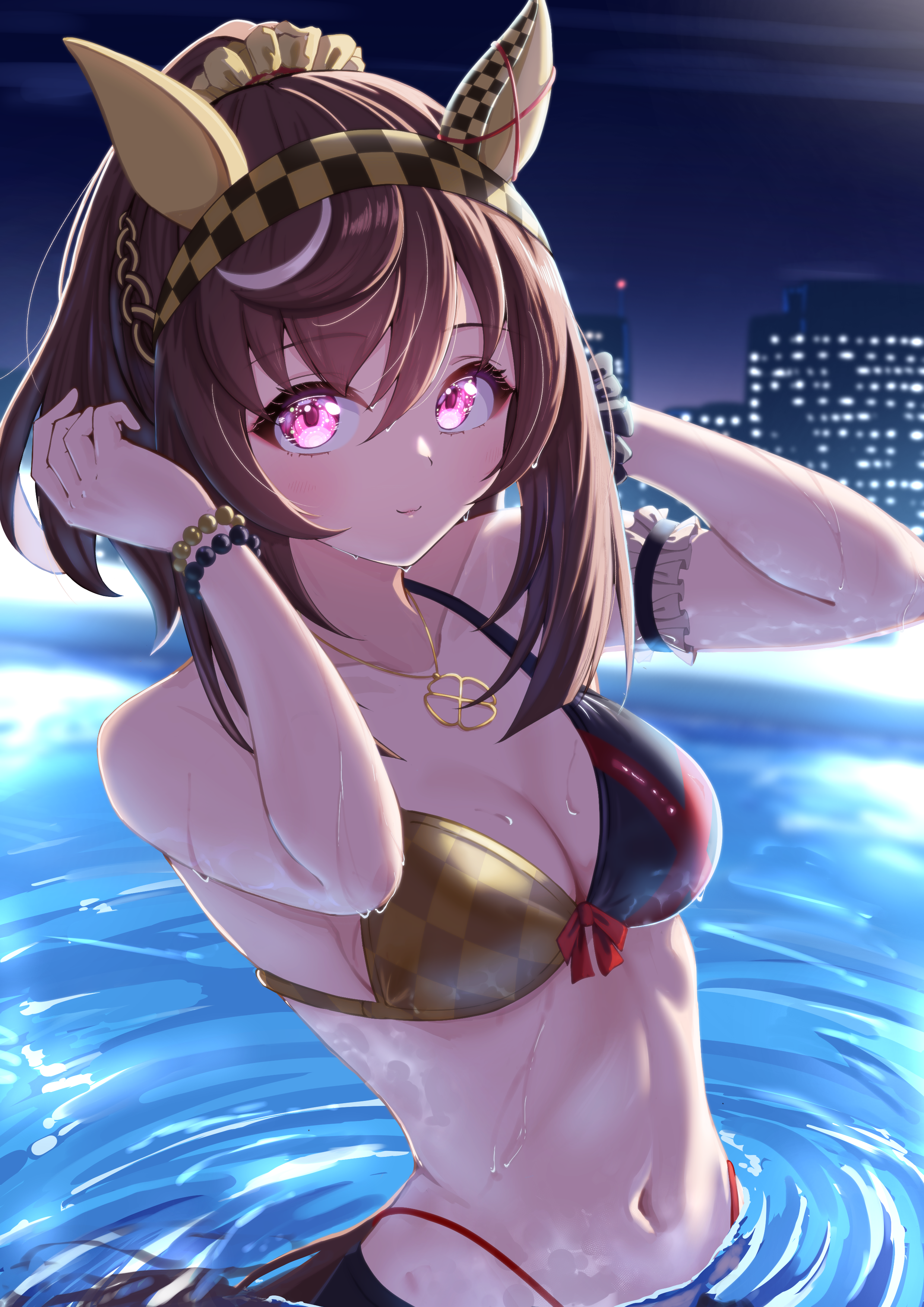 moyashi toufu, buena vista (umamusume), umamusume, absurdres, commentary request, highres, 1girl, alternate costume, animal ears, bikini, braid, breasts, brown hair, building, cleavage, closed mouth, collarbone, hairband, horse ears, horse tail, jewelry, medium breasts, medium hair, navel, necklace, night, night sky, partially submerged, pool, purple eyes, sky, smile, solo, swimsuit, tail, wet