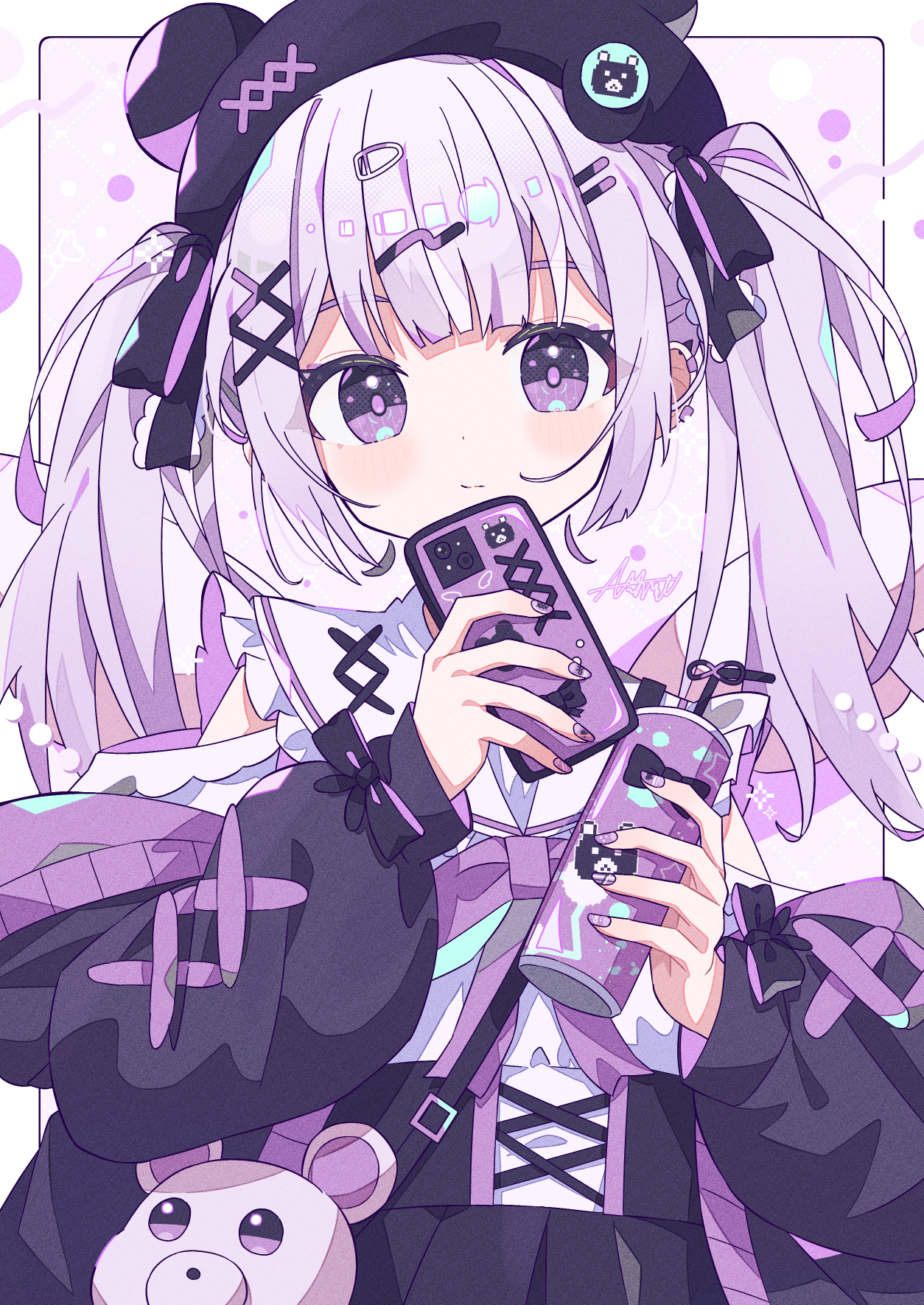 aramedraw, original, commentary request, highres, 1girl, bare shoulders, black bow, black hat, black jacket, black ribbon, black skirt, blunt bangs, blush, border, bow, can, cellphone, closed mouth, frilled sailor collar, frills, hair ornament, hair ribbon, hairclip, hat, holding, holding can, holding phone, jacket, long hair, looking at viewer, nail polish, off shoulder, open clothes, open jacket, outside border, parallel hairclips, phone, purple background, purple eyes, purple hair, ribbon, sailor collar, skirt, sleeve bow, smartphone, solo, twintails, upper body, white border, white sailor collar, x hair ornament