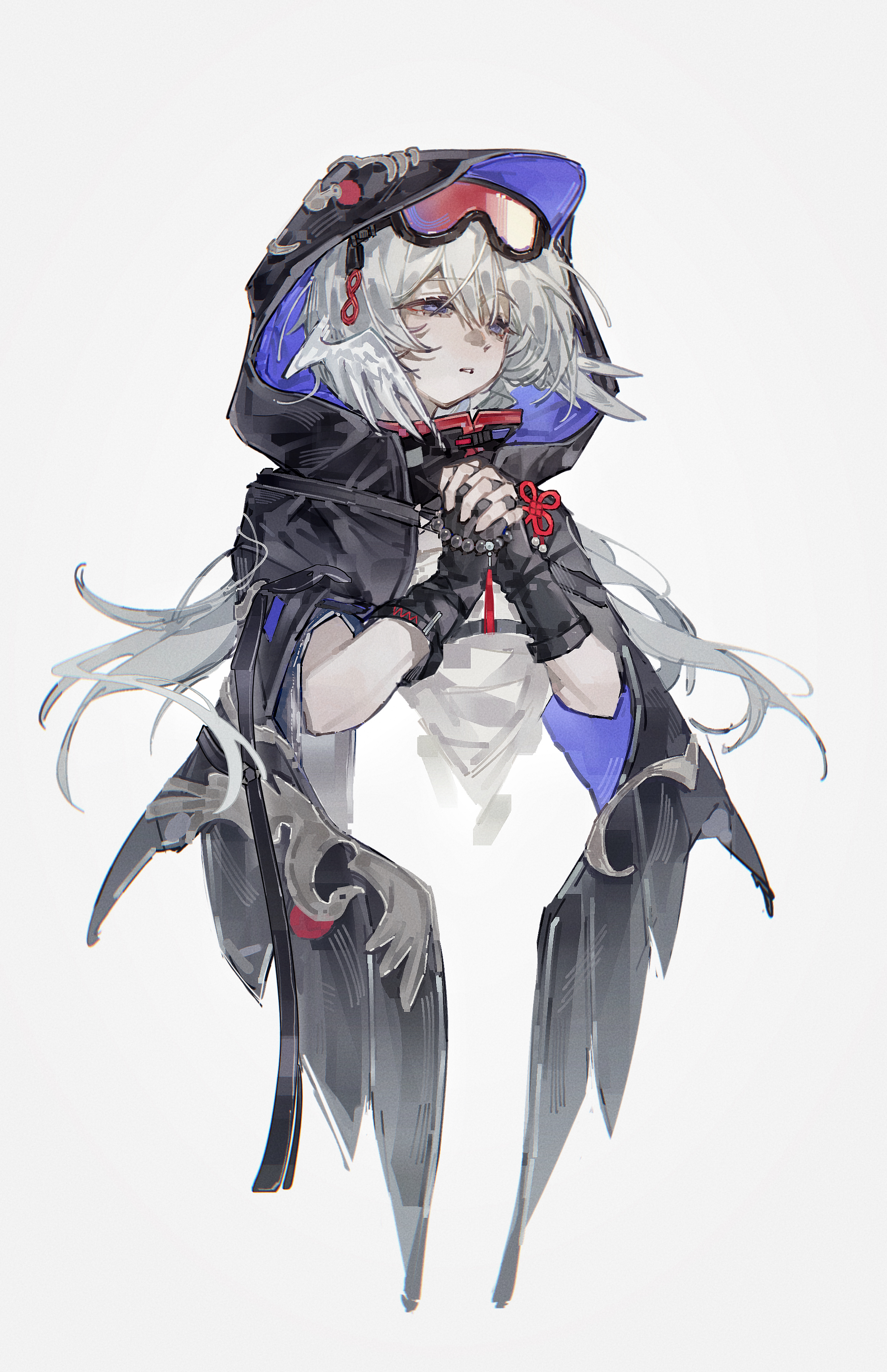 huaique, juzu, mulberry (arknights), arknights, absurdres, highres, 1girl, aegir (arknights), beads, black gloves, black hoodie, earrings, fingerless gloves, gloves, goggles, goggles on hood, hood, hood up, hoodie, jewelry, long hair, looking at viewer, messy hair, own hands clasped, own hands together, pointy ears, red eyes, simple background, solo, tassel, tassel earrings, upper body, white background, white hair