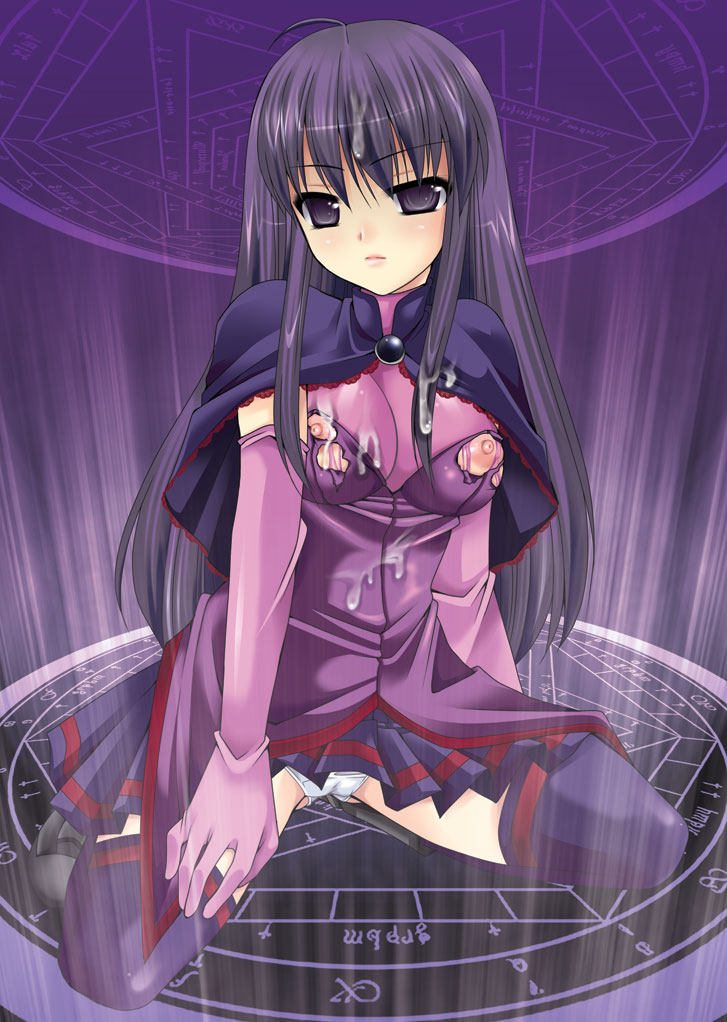 sakura hanatsumi, malariya, quiz magic academy, 1girl, ahoge, breasts, cape, cum, cum on clothes, cum on hair, elbow gloves, female focus, gloves, large breasts, latex, latex gloves, long hair, magic circle, nipples, panties, purple eyes, purple hair, skirt, solo, thighhighs, torn clothes, underwear