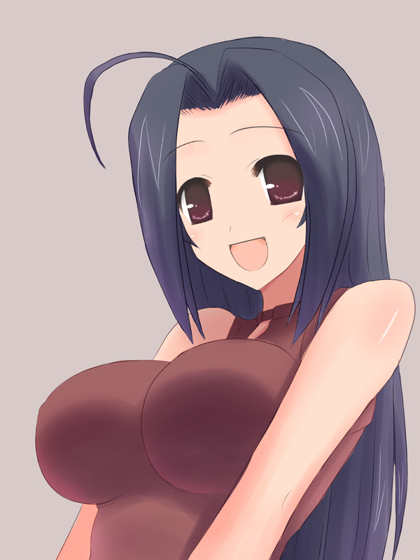 unikurage, miura azusa, idolmaster, idolmaster (classic), 00s, 1girl, ahoge, blue hair, breasts, female focus, impossible clothes, impossible shirt, large breasts, long hair, red eyes, shirt, simple background, smile, solo