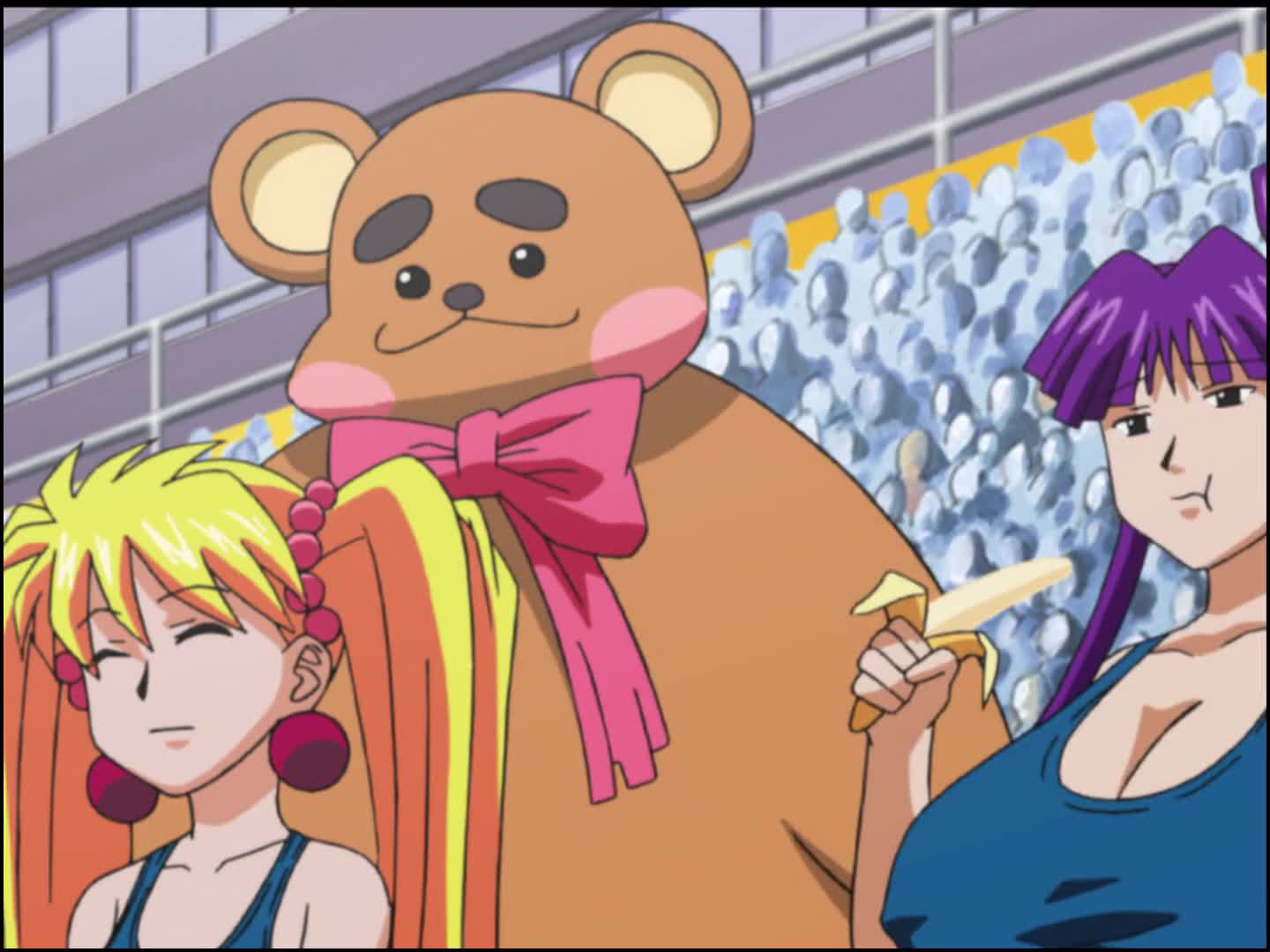 grace lin, misono kirika, tororo (character), eiken, animated, anime screenshot, tagme, video, animal costume, banana, bear costume, blonde hair, bouncing breasts, breasts, covered erect nipples, food, fruit, green hair, high ponytail, huge breasts, kuma (eiken), long hair, long sidelocks, multiple girls, ponytail, purple hair, sidelocks, twintails