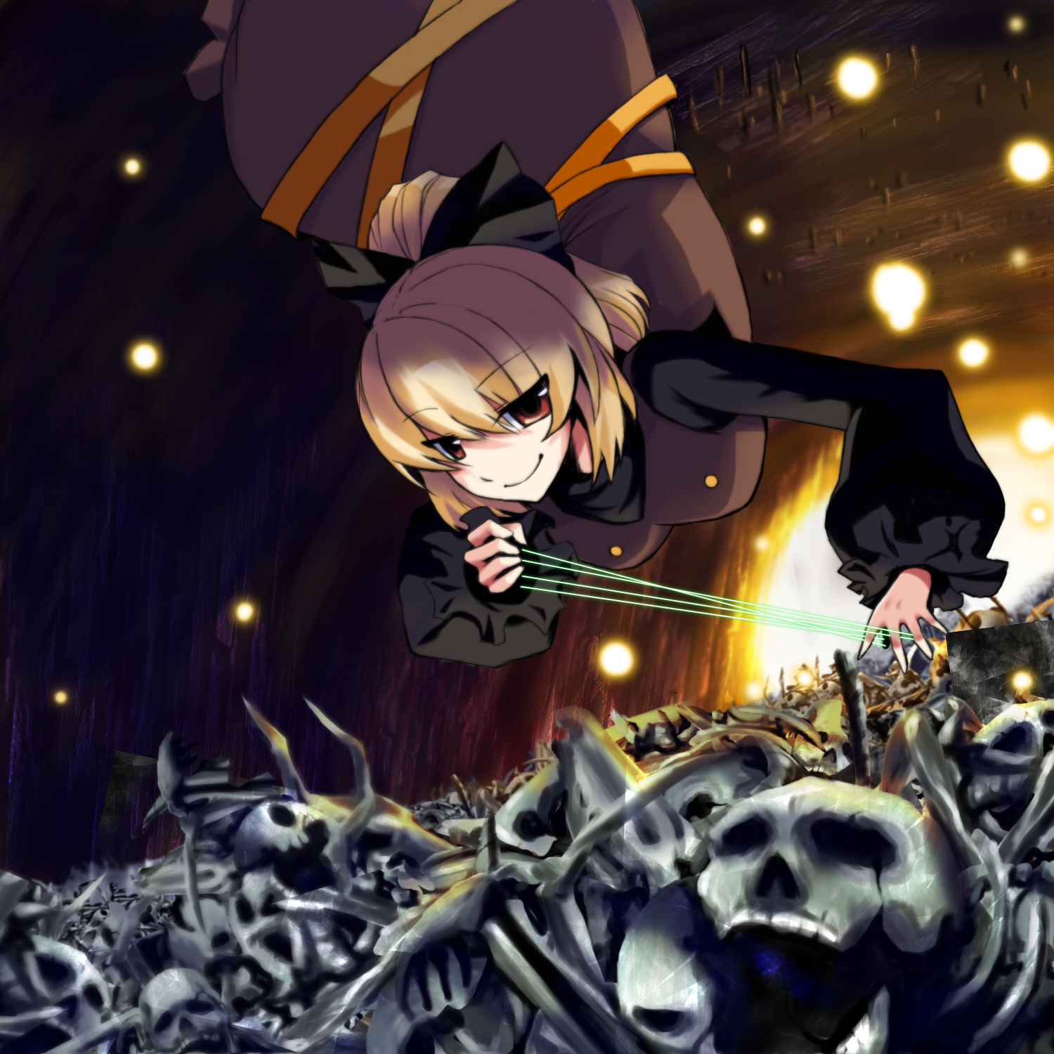 oyaji-sou, kurodani yamame, touhou, bad id, bad pixiv id, highres, 1girl, blonde hair, bone, bow, brown eyes, danmaku, female focus, hair bow, short hair, skull, smile, smirk, solo, thread, tsurime, upside-down