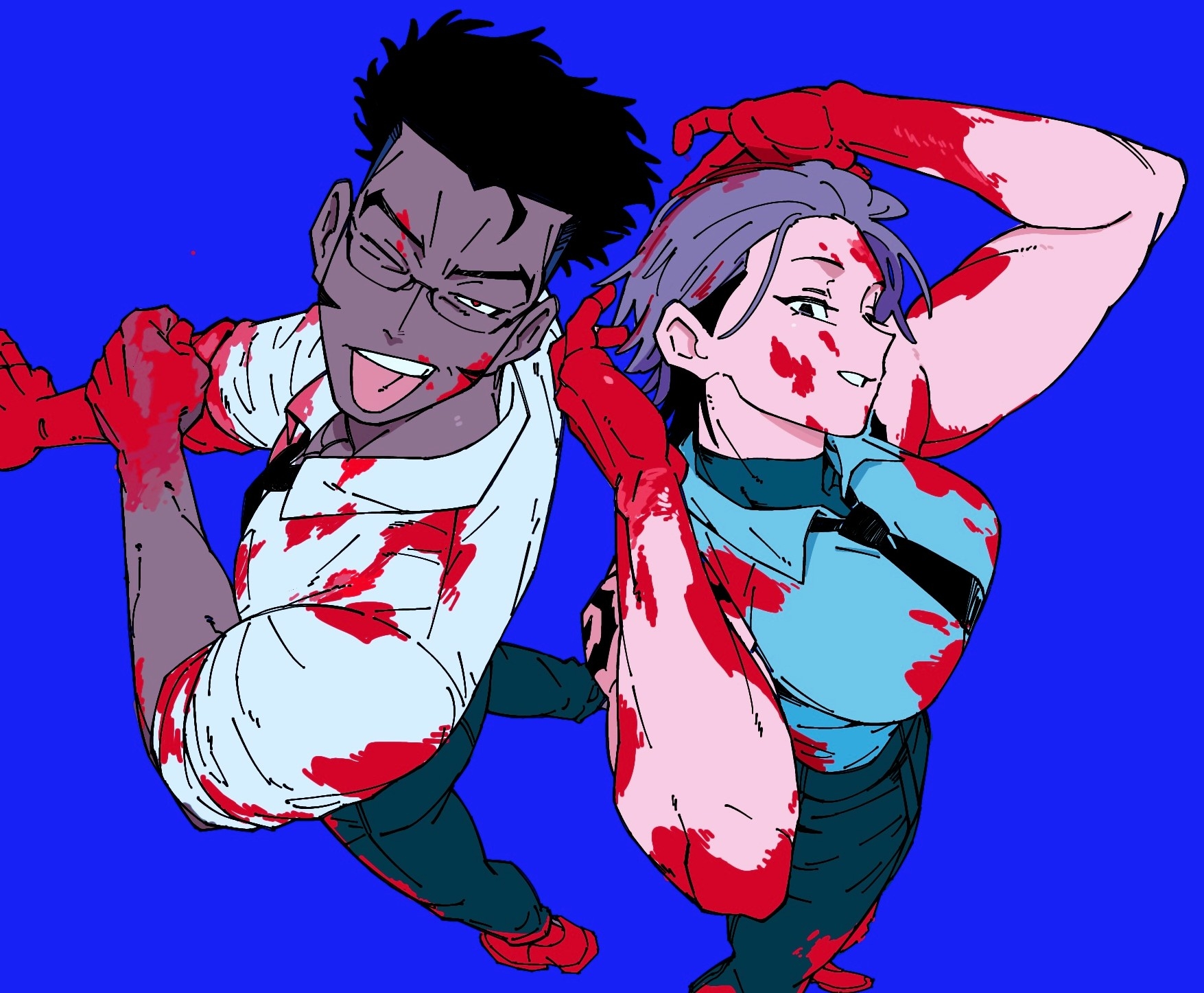 peke07777, kirima (peke07777), original, highres, 1boy, 1girl, ;p, arms behind head, arms up, back-to-back, bare shoulders, biceps, black necktie, blood, blood on clothes, blood on face, blood on hands, breasts, brown hair, collared shirt, dark-skinned male, dark skin, dress shirt, formal clothes, glasses, hair slicked back, hands in own hair, holding, holding own hair, looking at viewer, muscular, muscular female, necktie, one eye closed, pants, shirt, short hair, shoulder tattoo, sleeveless, sleeveless shirt, sleeves rolled up, smile, smirk, smug, suit pants, tattoo, theo (peke07777), tight clothes, tongue, tongue out, v-shaped eyebrows, white shirt