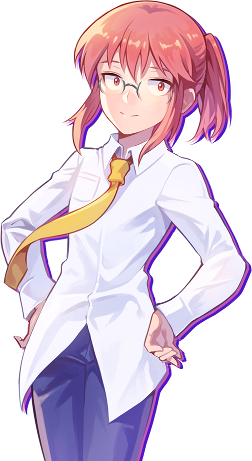 kobayashi (maidragon), kobayashi-san chi no maidragon, nexon, tales weaver, small pupils, artist request, official art, second-party source, 1girl, blue pants, breast pocket, collared shirt, cowboy shot, dress shirt, drop shadow, flat chest, grey-framed eyewear, hands on own hips, legs together, looking at viewer, narrow waist, necktie, pants, pink eyes, pink hair, pocket, ponytail, semi-rimless eyewear, shirt, sidelocks, simple background, skinny, smile, solo, split mouth, transparent background, white shirt, white sleeves, wing collar, yellow necktie