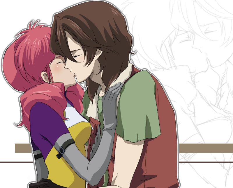 chiroru shimai, feldt grace, lockon stratos, gundam, gundam 00, bad id, bad pixiv id, 00s, 1boy, 1girl, blush, brown hair, closed eyes, couple, elbow gloves, gloves, hetero, kiss, pink hair, vest