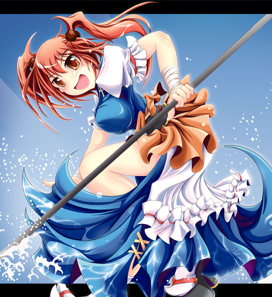 onozuka komachi, touhou, bad id, bad pixiv id, 1girl, breasts, female focus, red eyes, red hair, solo, standing, twintails, two side up, water
