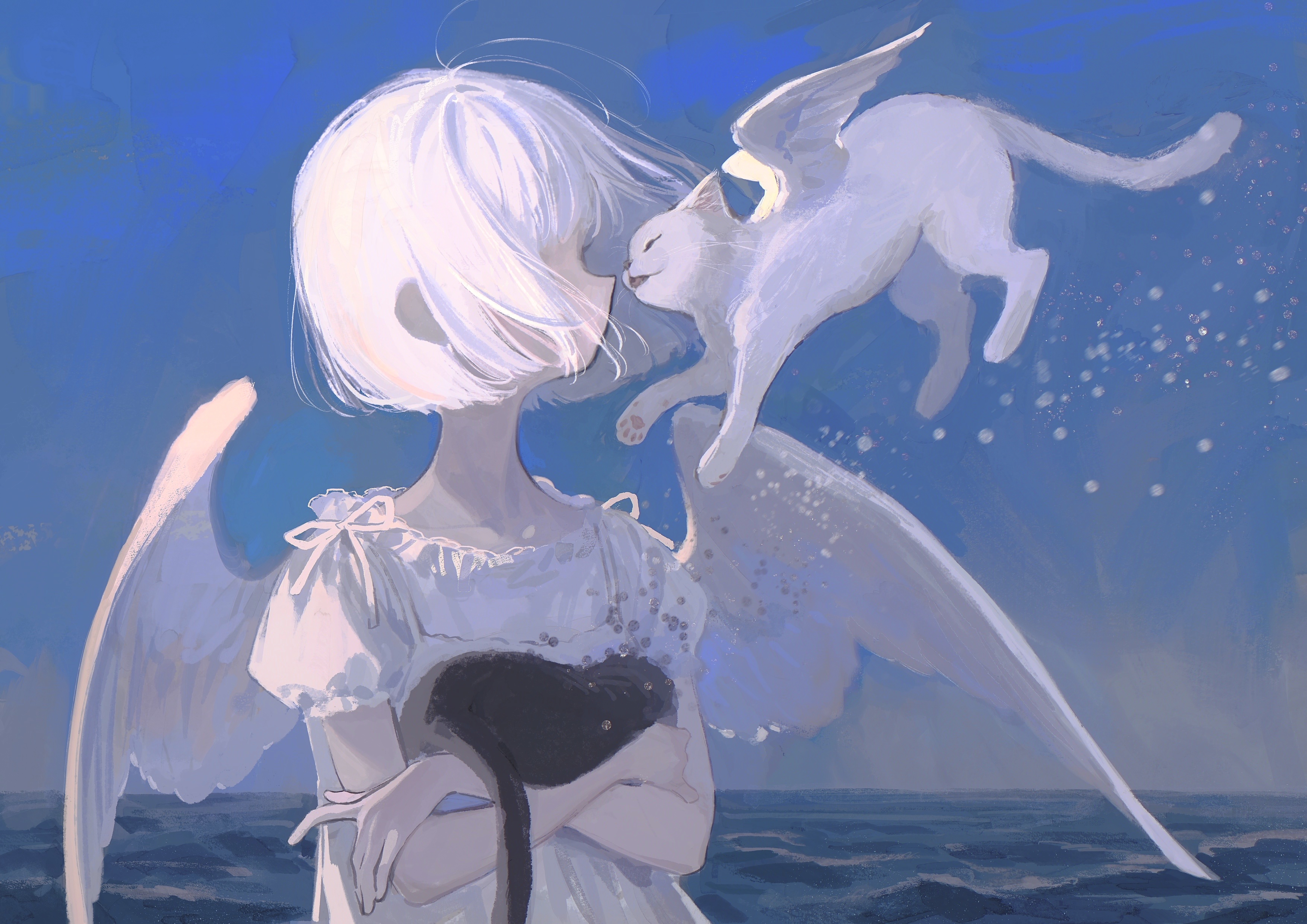 hidari (nanmu-left), original, absurdres, hashtag-only commentary, highres, 1girl, angel wings, animal, black cat, blue sky, cat, closed eyes, dress, frills, holding, holding animal, ocean, outdoors, pale skin, short hair, sky, upper body, water, white cat, white dress, white hair, white wings, winged animal, wings
