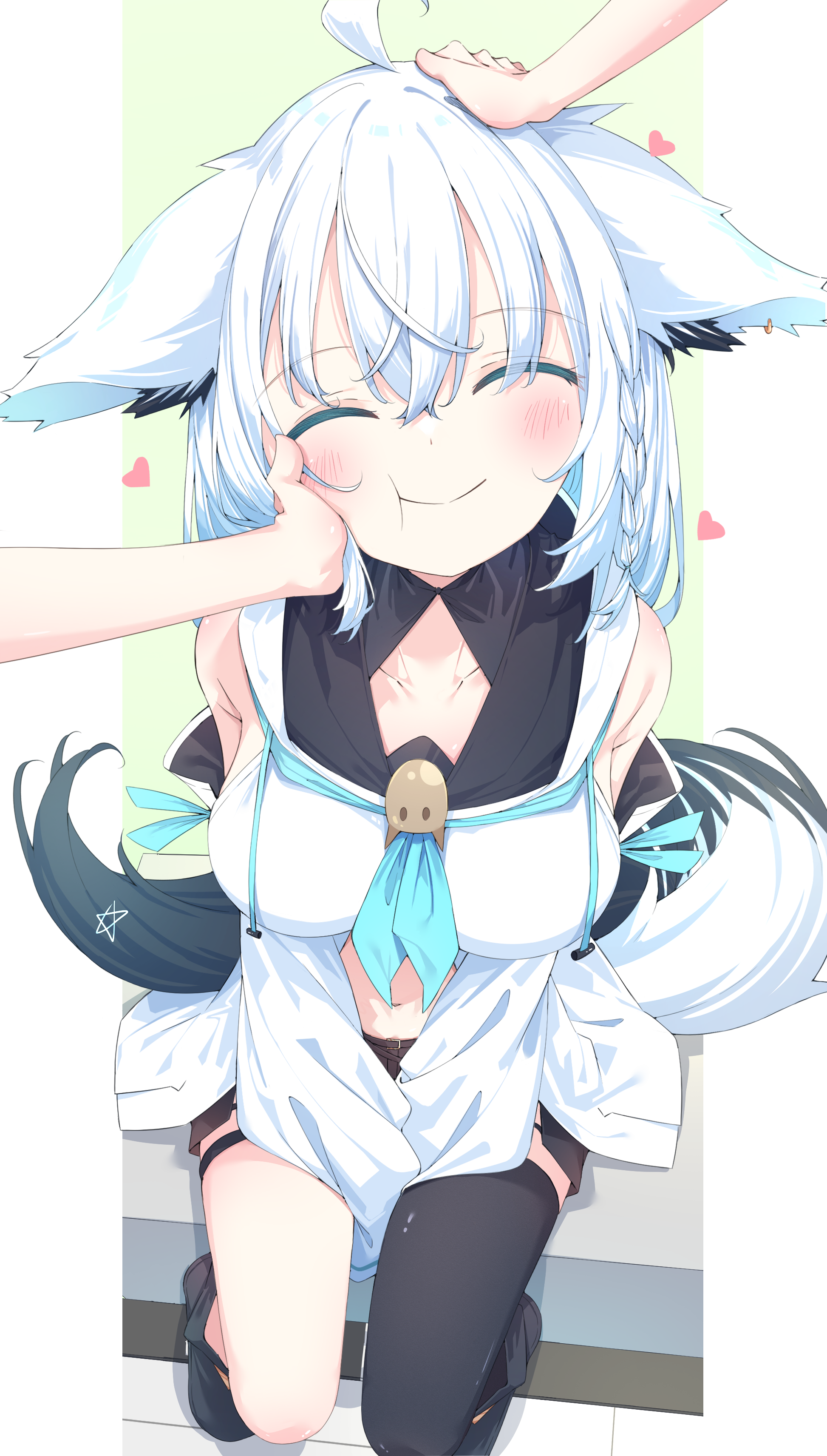 ikamoworkshop, shirakami fubuki, shirakami fubuki (1st costume), hololive, absurdres, highres, 1girl, 1other, ahoge, animal ear fluff, animal ear piercing, animal ears, aqua neckerchief, between legs, black shorts, black thighhighs, blush, braid, breasts, closed eyes, closed mouth, collarbone, fox ears, fox girl, fox tail, hair between eyes, hand between legs, hand on another's cheek, hand on another's face, hand on another's head, headpat, long hair, medium breasts, navel, neckerchief, pentagram, short shorts, shorts, side braid, single thighhigh, smile, solo focus, stomach, tail, thigh strap, thighhighs, virtual youtuber, white hair