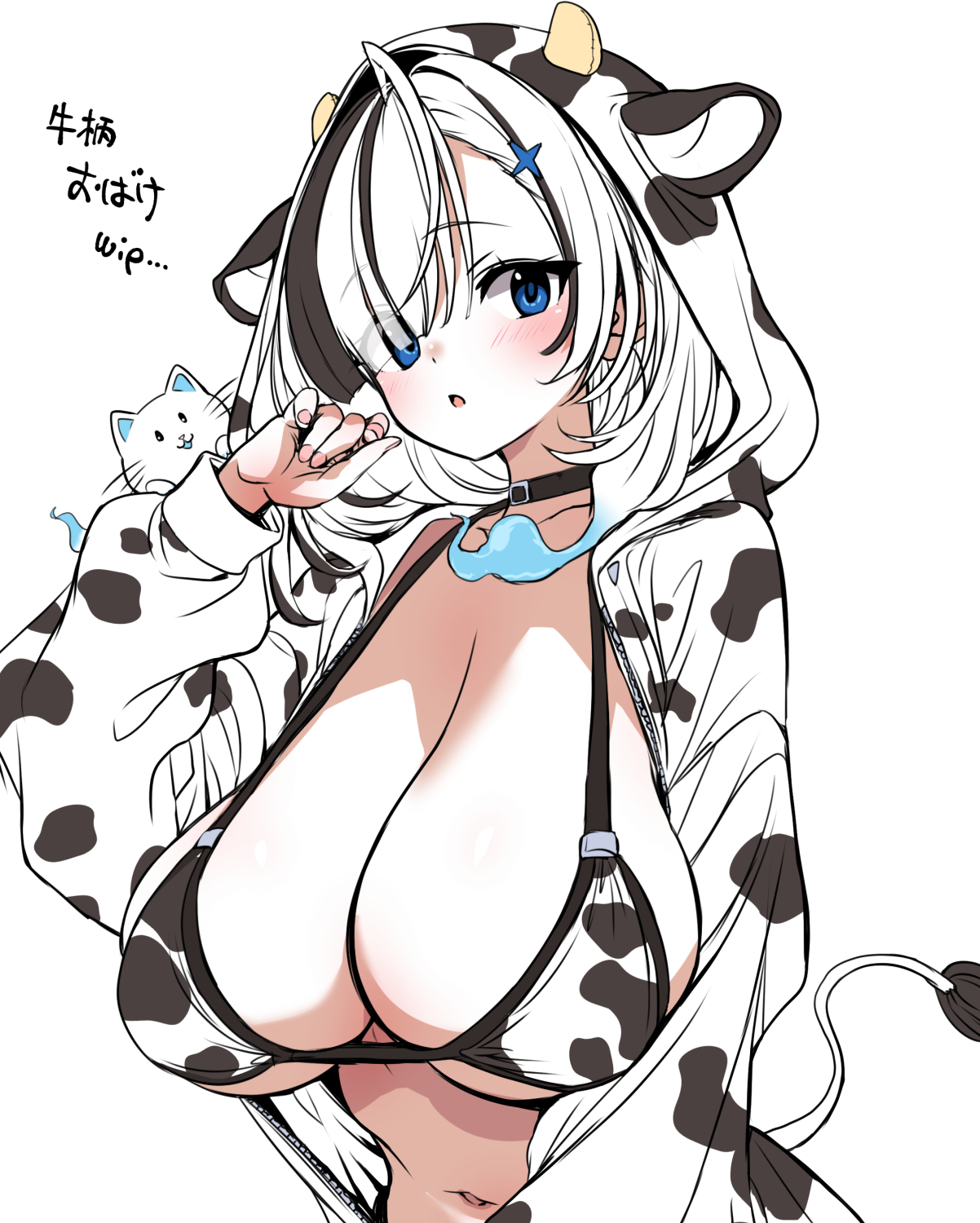 hirowa nagi, yuyu yura, first stage production, highres, 1girl, animal print, bikini, black hair, blue eyes, breasts, cat, cow print, cow print bikini, cow print jacket, hood, hooded jacket, huge breasts, jacket, print bikini, print jacket, simple background, solo, swimsuit, white background, white hair