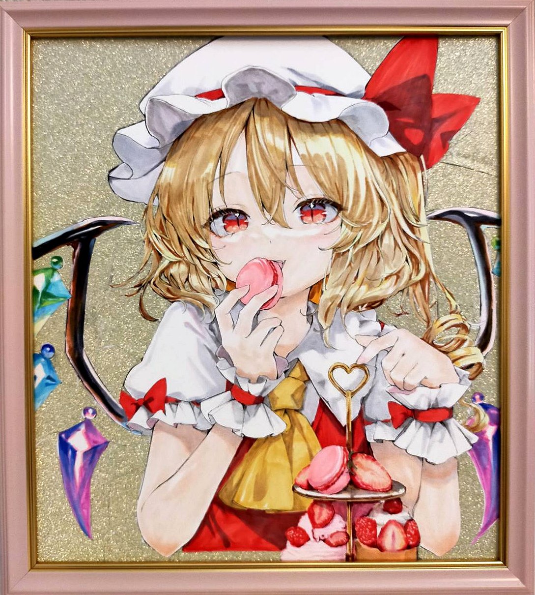mikan (manmarumikan), flandre scarlet, touhou, commentary request, highres, traditional media, 1girl, ascot, blonde hair, bow, cake, collared shirt, crystal, double-parted bangs, drill hair, eating, fang, food, frilled shirt collar, frills, fruit, hair between eyes, hat, hat bow, hat ribbon, holding, holding food, long hair, looking at viewer, macaron, mob cap, puffy short sleeves, puffy sleeves, recreational vehicle, red bow, red eyes, red ribbon, ribbon, shirt, short sleeves, slit pupils, solo, strawberry, tiered tray, upper body, white hat, white shirt, wings, wrist cuffs, yellow ascot