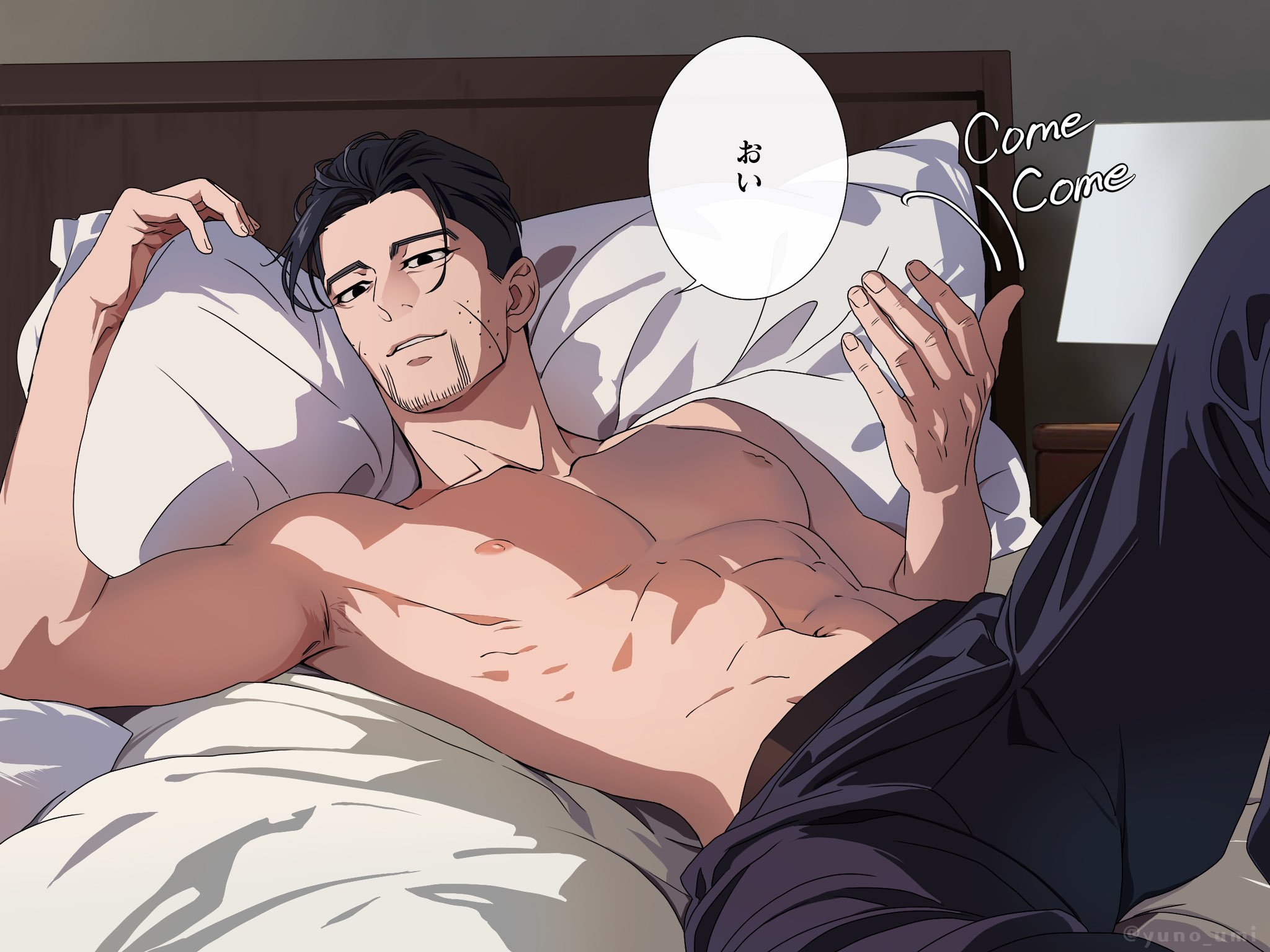 washiko (rasuko), ogata hyakunosuke, golden kamuy, commentary request, highres, mixed-language commentary, translation request, 1boy, abs, belt, black belt, black eyes, black hair, collarbone, english text, facial hair, goatee stubble, indoors, knee up, large pectorals, lying, male focus, nipples, on back, on bed, parted lips, pectorals, scar, scar on face, short hair, solo, speech bubble, stubble, topless male
