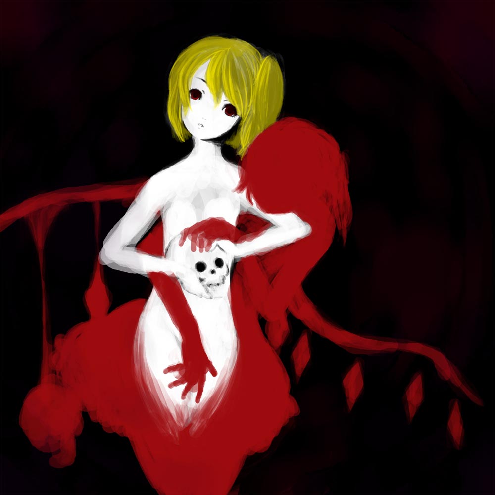marusa, flandre scarlet, touhou, bad id, bad pixiv id, 2girls, black background, female focus, head tilt, multiple girls, nude, pale skin, silhouette, skull, solo