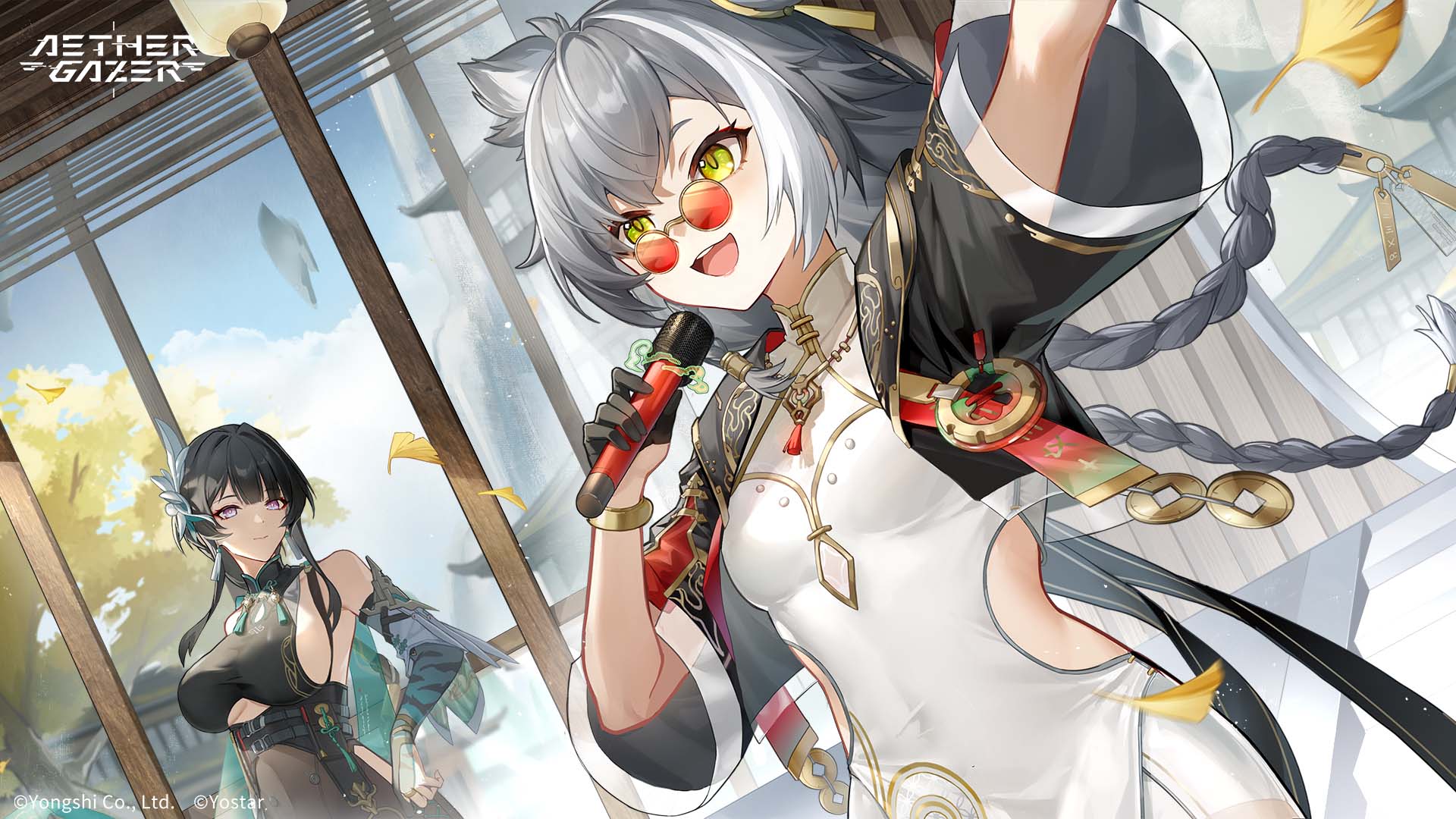 yingzhao (aether gazer), aether gazer, artist request, character request, highres, official art, 2girls, animal ears, black gloves, black hair, black jacket, black leotard, breasts, china dress, chinese clothes, closed mouth, clothing cutout, cloud, copyright name, copyright notice, cropped jacket, detached sleeves, dress, flat chest, glasses, gloves, grey hair, hair ornament, half gloves, holding, holding microphone, jacket, large breasts, leotard, long braid, long hair, microphone, multicolored hair, multiple girls, open mouth, purple eyes, red-tinted eyewear, sky, smile, streaked hair, tassel, tinted eyewear, underboob cutout, white dress, white hair