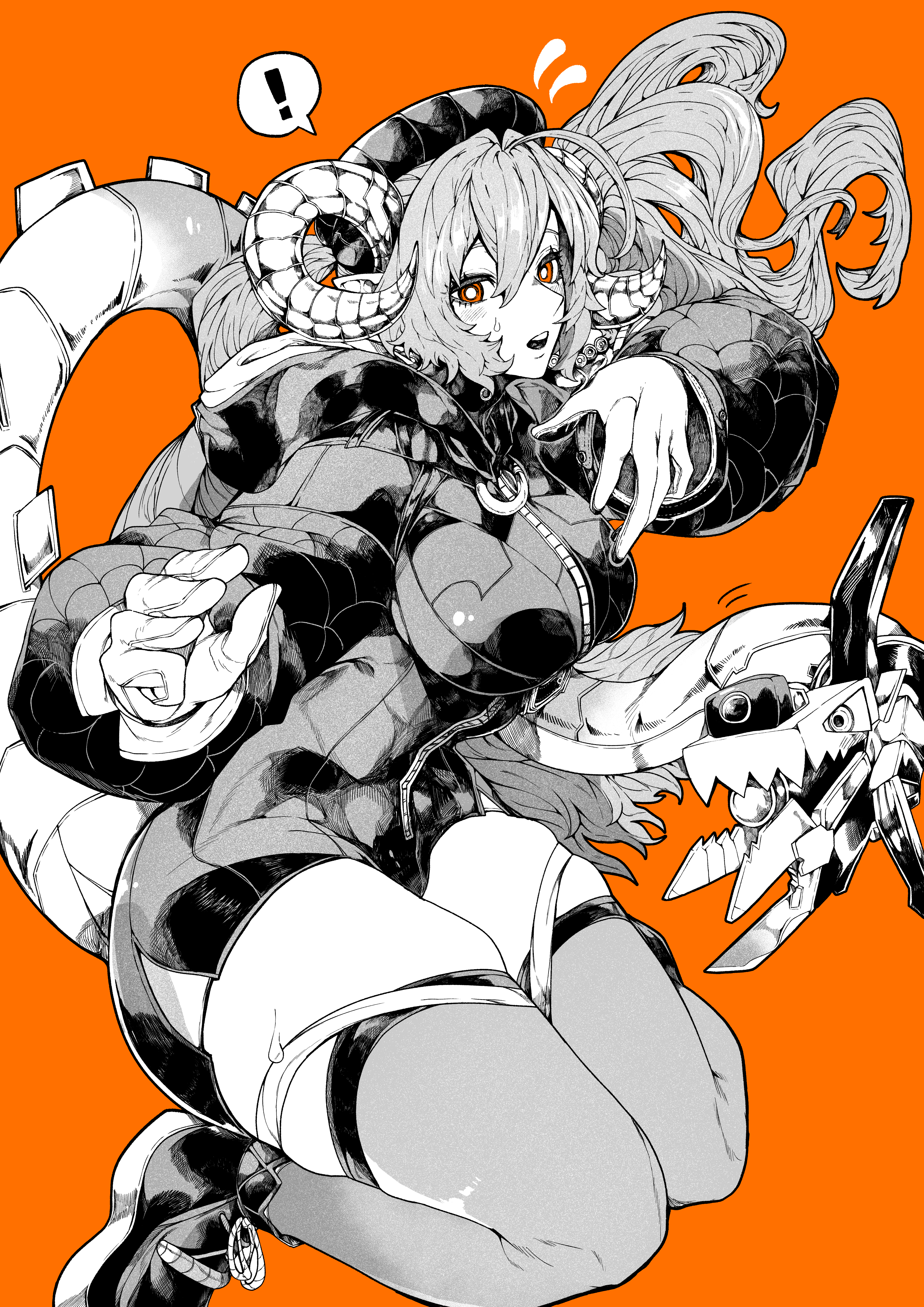 yotsumi shiro, magus (zenless zone zero), orphie magnusson, zenless zone zero, absurdres, highres, !, 1girl, boots, breasts, dragon horns, dress, full body, gloves, hat, horns, large breasts, long hair, mechanical tail, monochrome, open mouth, orange background, orange eyes, pointy ears, simple background, solo, sweatdrop, tail, thighhighs, twintails, zipper, zipper dress
