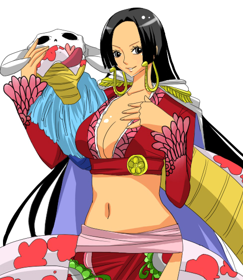 chiroru shimai, boa hancock, salome (one piece), one piece, bad id, bad pixiv id, 1girl, amazon lily, amazon warrior, black hair, breasts, cape, center opening, cleavage, earrings, epaulettes, jewelry, large breasts, midriff, navel, no bra, skull, snake