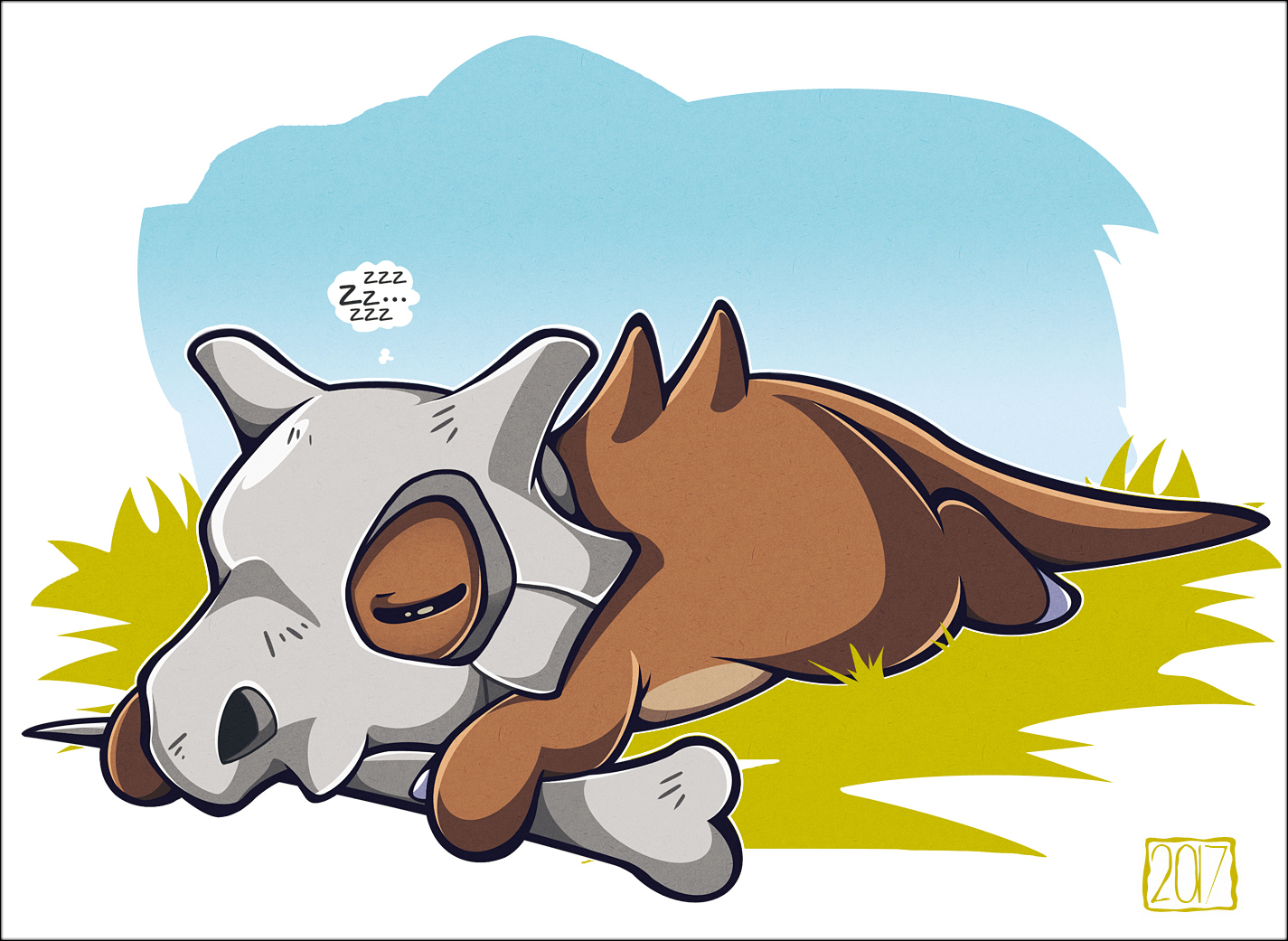 woofzilla, cubone, nintendo, pokemon, commentary, english commentary, bone, closed eyes, full body, gen 1 pokemon, holding, holding bone, lying, no humans, on stomach, pokemon (creature), skull on head, sleeping, solo, speech bubble, spoken zzz, thought bubble, zzz