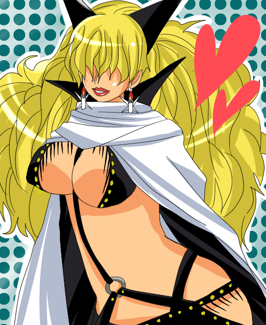 chiroru shimai, sadi-chan, one piece, bad id, bad pixiv id, 1girl, blonde hair, breasts, candle, cape, cleavage, cloak, earrings, female focus, fringe trim, hair over eyes, heart, horns, impel down, jewelry, lipstick, makeup, polka dot, polka dot background, revealing clothes, solo