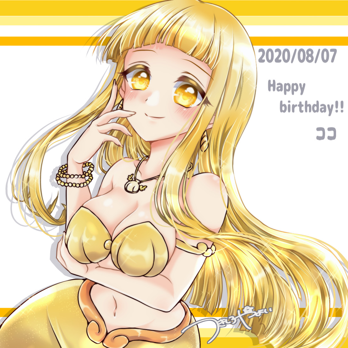 tsukishiro yayoi (yumeir0), coco (mermaid melody pichi pichi pitch), mermaid melody pichi pichi pitch, commentary request, 1girl, arm under breasts, armlet, bikini, blonde hair, blush, bracelet, breasts, character name, cleavage, closed mouth, collarbone, earrings, happy birthday, jewelry, long hair, looking at viewer, medium breasts, navel, necklace, shell, shell bikini, shell necklace, smile, solo, stomach, swimsuit, very long hair, yellow bikini
