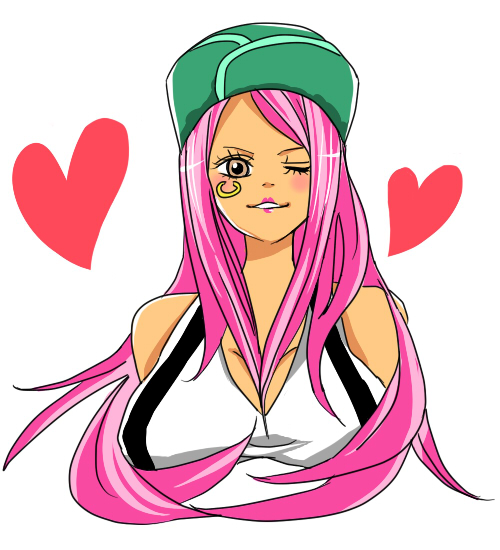 chiroru shimai, jewelry bonney, one piece, bad id, bad pixiv id, blush, hat, heart, lipstick, makeup, one eye closed, pink hair, smile, solo, wink