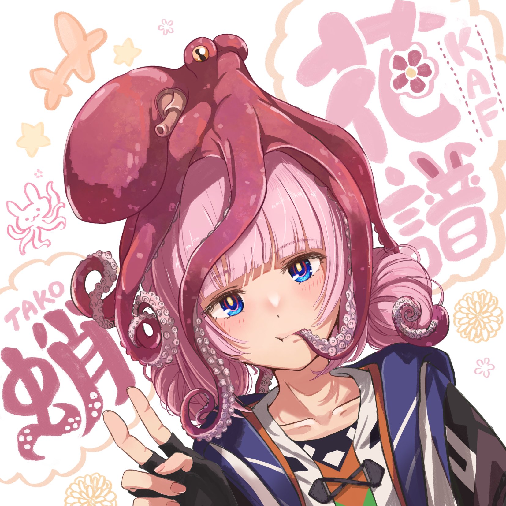 kaf (kamitsubaki studio), kamitsubaki studio, commentary request, highres, translation request, +++, 1girl, animal, animal on head, black gloves, blue eyes, blue jacket, blush, brown jacket, collarbone, double bun, fingerless gloves, gloves, hair bun, hand up, hood, hood down, hooded jacket, jacket, looking at viewer, multicolored jacket, on head, pink hair, short hair, solo, squid, star (symbol), tentacle in mouth, v, virtual youtuber, white background, yadokari 159m, yellow pupils