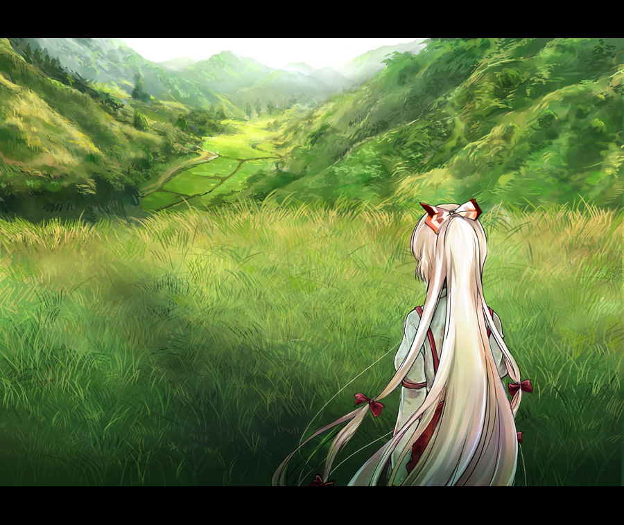 mathnote, fujiwara no mokou, touhou, silver hair, 1girl, bow, female focus, hair bow, landscape, letterboxed, long hair, nature, ponytail, scenery, solo, suspenders, very long hair