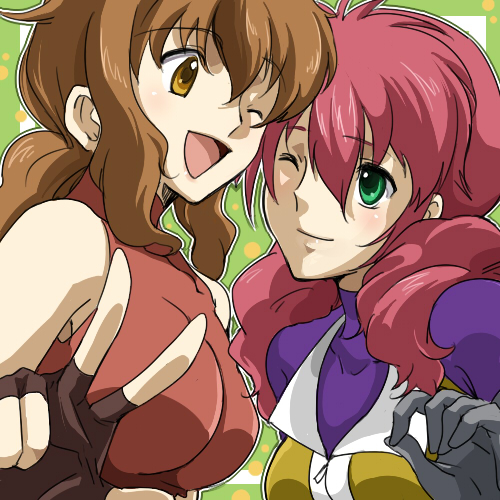 chiroru shimai, christina sierra, feldt grace, gundam, gundam 00, bad id, bad pixiv id, lowres, 00s, brown eyes, brown hair, fingerless gloves, gloves, green eyes, pink hair, ponytail, smile, twintails, wink