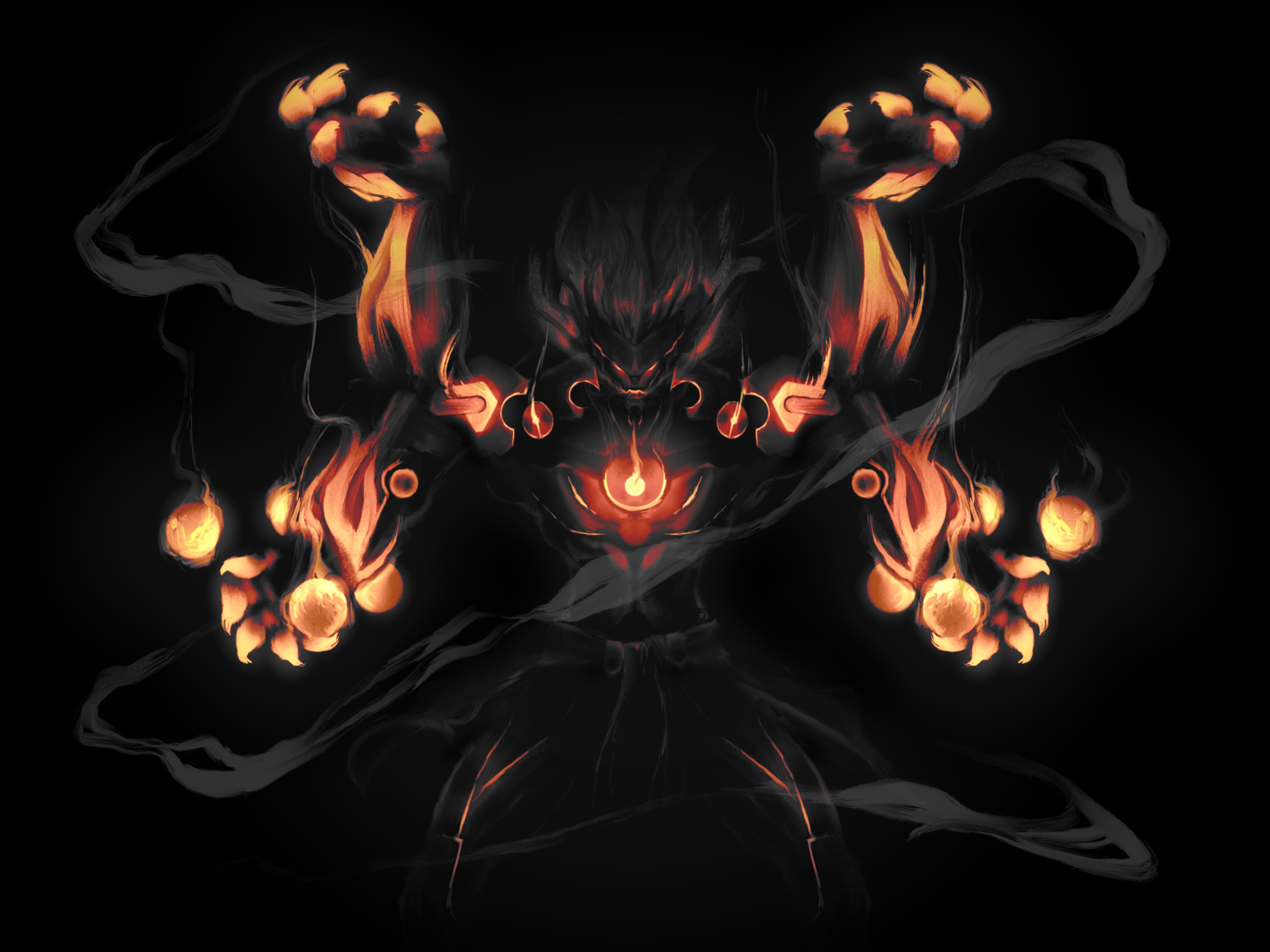 walnutter, zenless zone zero, absurdres, commentary, english commentary, highres, 1boy, artificial eye, banyue (zenless zone zero), biceps, dark background, extra arms, fire, glowing, glowing eyes, humanoid robot, long hair, male focus, mechanical arms, mechanical eye, mechanical hands, mechanical legs, metal skin, robot, robot boy, solo, standing, steam, white hair