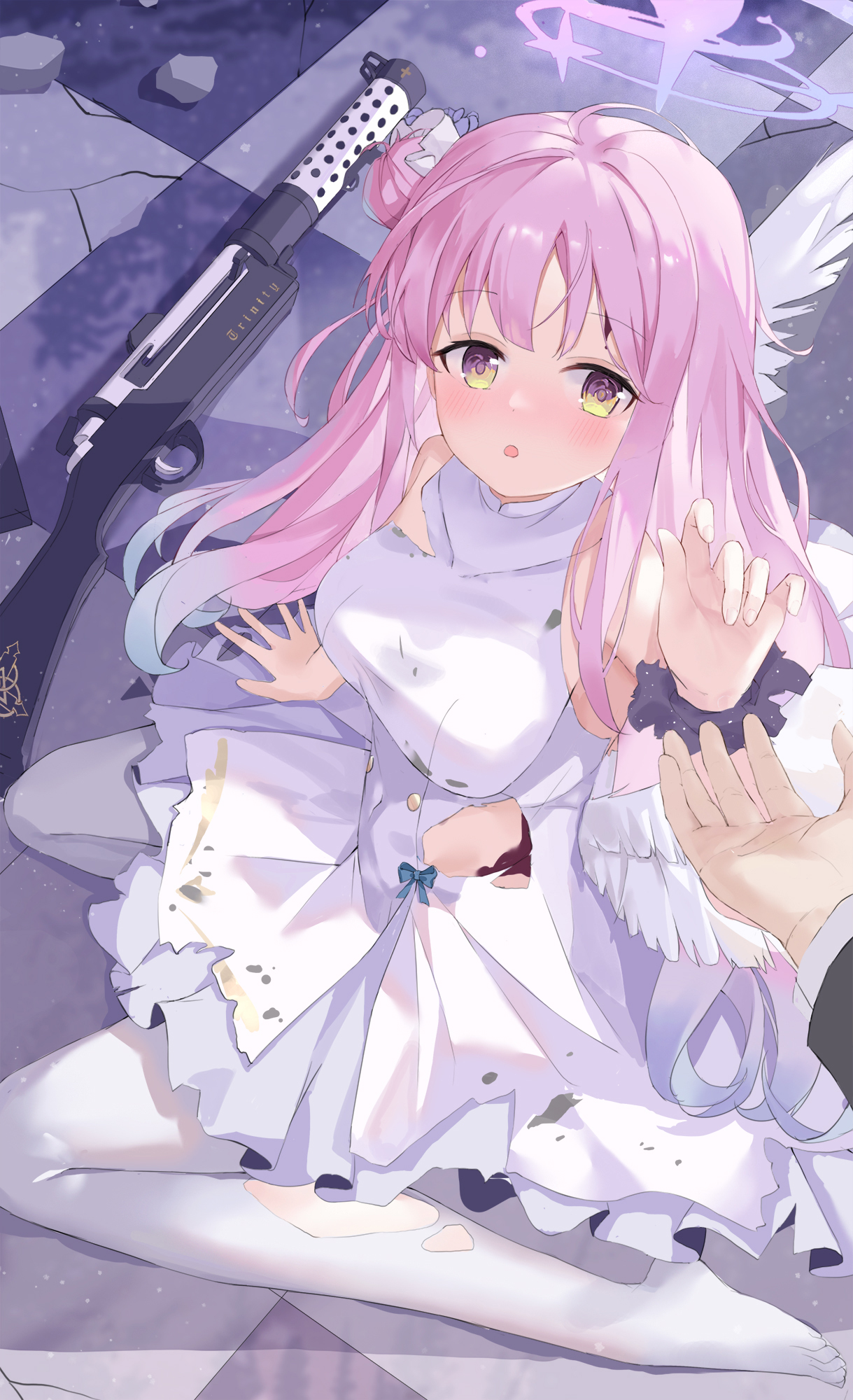 serika, mika (blue archive), sensei (blue archive), blue archive, highres, 1girl, 1other, angel wings, aqua hair, blush, breasts, dress, feathered wings, flower, gradient hair, gun, hair bun, hair flower, hair ornament, halo, lanchester smg, large breasts, looking at viewer, low wings, multicolored hair, open mouth, pantyhose, pink hair, pink halo, scrunchie, single hair bun, single side bun, sitting, sleeveless, sleeveless dress, solo focus, submachine gun, thighs, torn clothes, wariza, weapon, white dress, white pantyhose, white wings, wings, wrist scrunchie