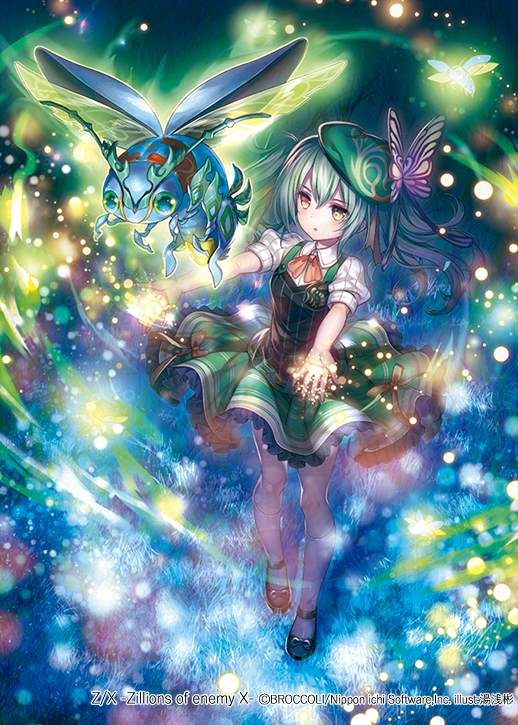 yuasa akira, z/x, official art, 1girl, black shoes, bug, butterfly hat ornament, domeki kisara, dress, green dress, green hat, greyscale, hat, hat ornament, kneehighs, light particles, monochrome, shoes, short sleeves, socks, twintails, white socks, yellow eyes