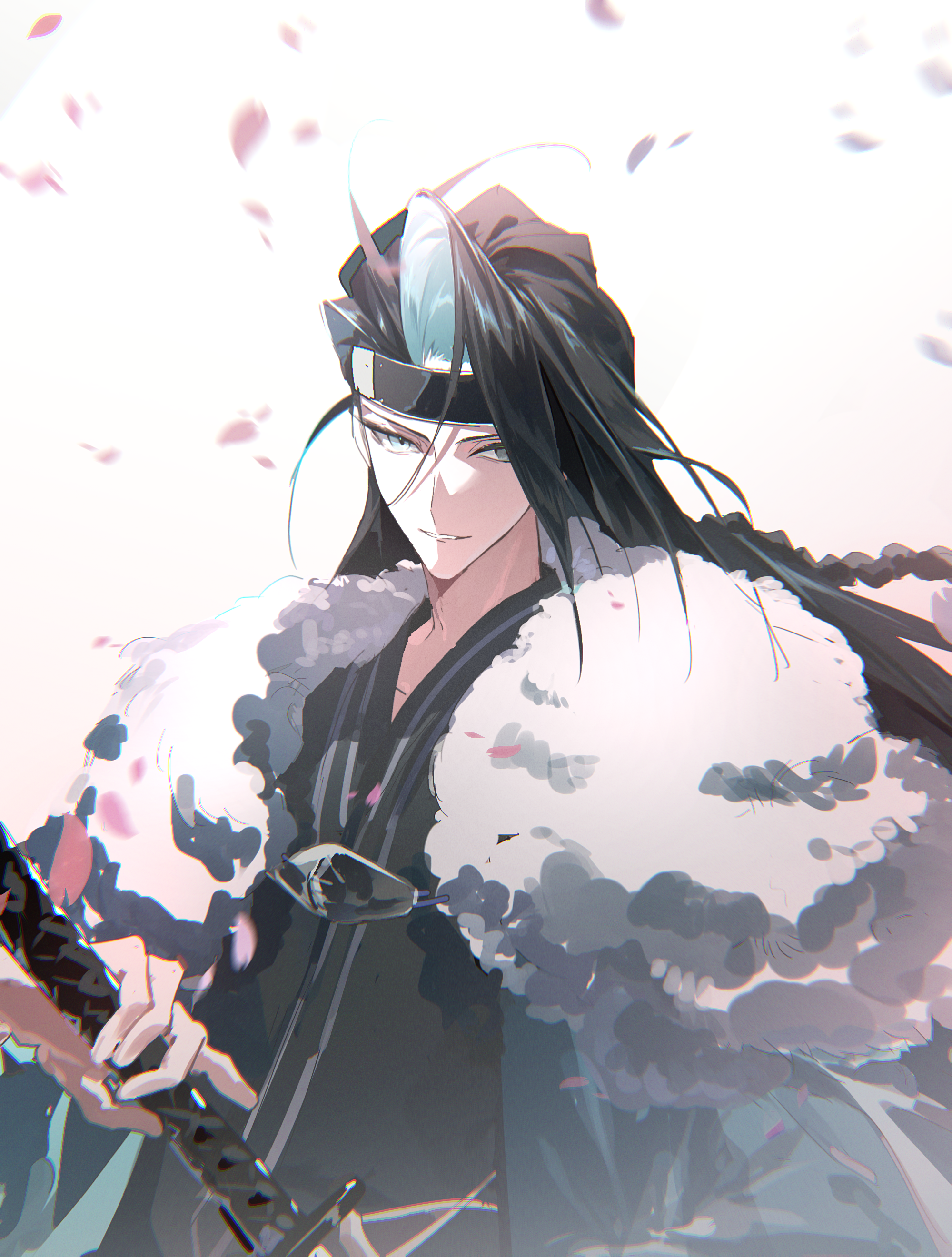 regenerate0330, kondou isami (fate), fate/grand order, fate (series), absurdres, highres, 1boy, antenna hair, black hair, black kimono, blue eyes, blue hair, blue haori, braid, curtained hair, falling petals, fur shawl, grey eyes, haori, heterochromia, japanese clothes, katana, kimono, long hair, looking at viewer, male focus, multicolored hair, open mouth, petals, shawl, shinsengumi, smile, solo, sword, two-tone hair, upper body, weapon, white background
