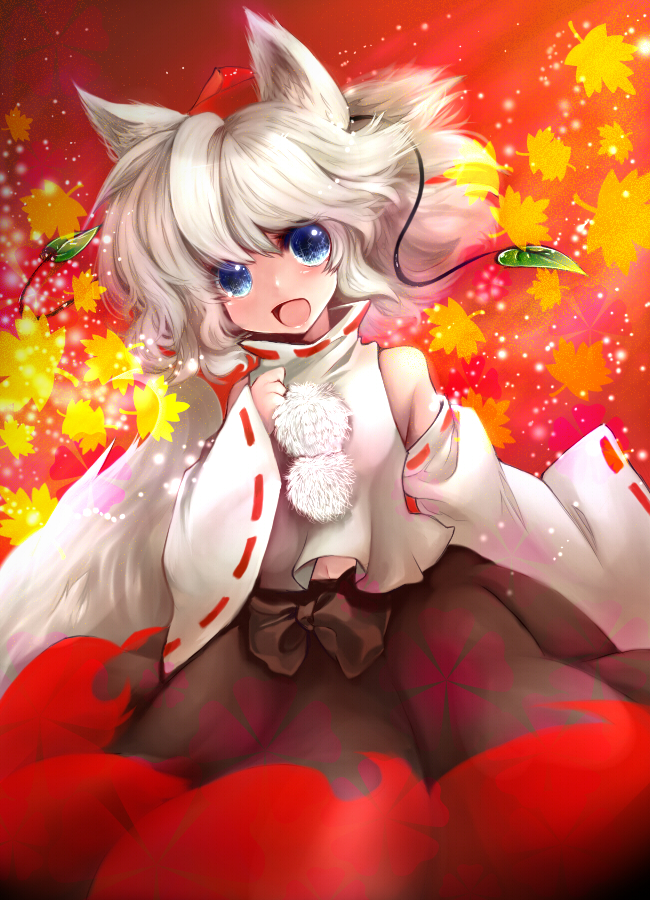 mosho, inubashiri momiji, touhou, 1girl, animal ears, bare shoulders, blue eyes, detached sleeves, female focus, happy, hat, leaf, navel, open mouth, short hair, smile, solo, tokin hat, white hair, wolf ears