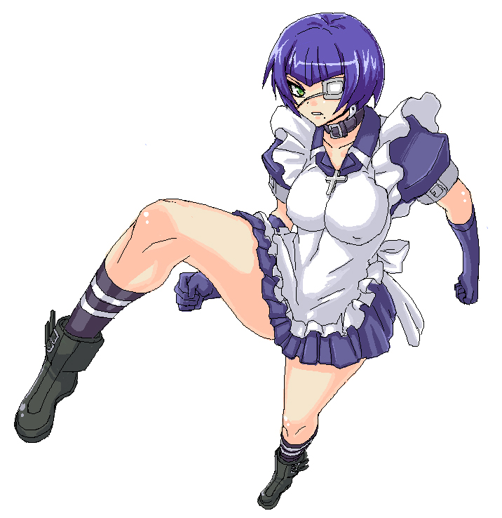 minarai, ryomou shimei, ikkitousen, striped, 00s, 1girl, apron, blue hair, boots, breasts, buckle, choker, cross, eyepatch, female focus, fighting stance, gloves, green eyes, jaggy lines, large breasts, maid, maid apron, oekaki, short hair, socks, solo