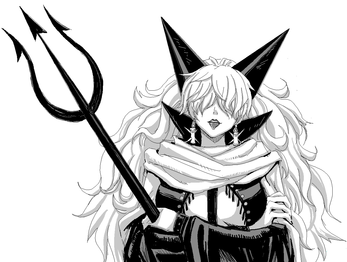 minarai, sadi-chan, one piece, 1girl, breasts, candle, cloak, crossed arms, earrings, female focus, greyscale, hair over eyes, horns, impel down, jaggy lines, jewelry, large breasts, long hair, monochrome, polearm, solo, spear, tongue, trident, very long hair, weapon
