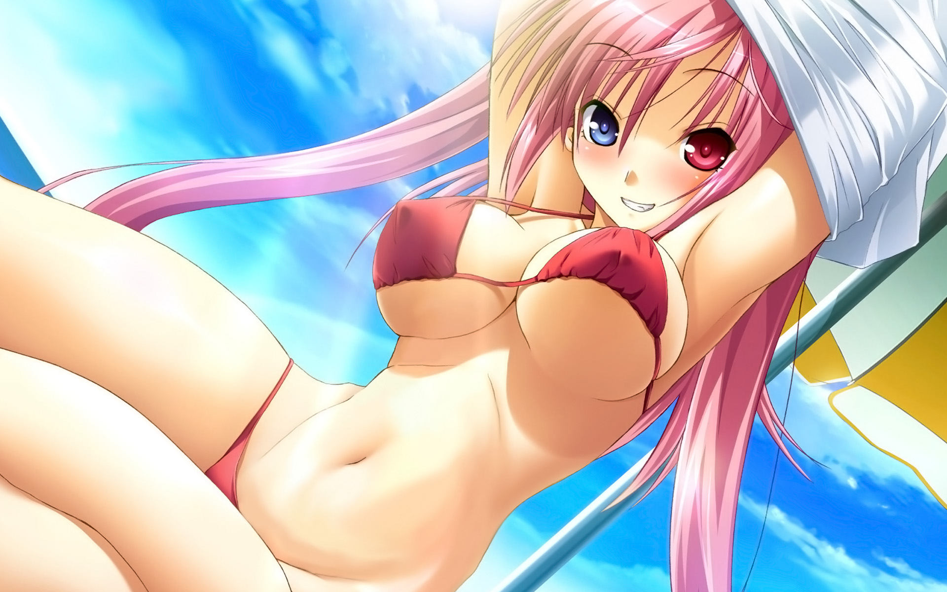 ozawa akifumi, chua churam, chu x chu idol, highres, 1girl, armpits, arms up, artistic error, beach, bikini, blue eyes, blush, breasts, cleavage, clothes lift, covered erect nipples, day, dutch angle, fang, female focus, grin, heterochromia, large breasts, long hair, lowleg, lowleg bikini, navel, parasol, pink hair, red bikini, red eyes, shirt lift, sitting, smile, solo, swimsuit, thighs, twintails, umbrella, underboob, undressing, very long hair