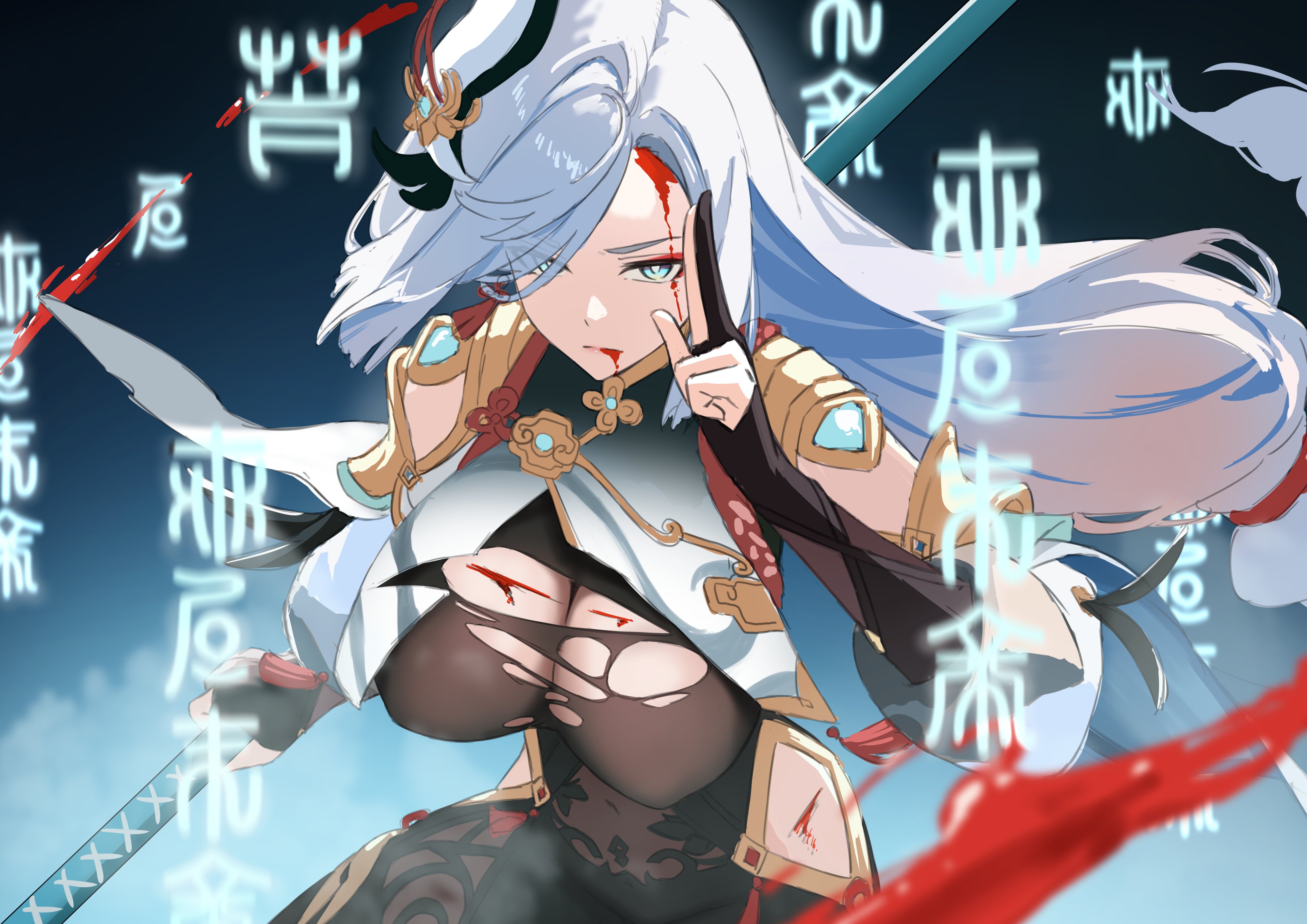 yumeto (ym-1), shenhe (genshin impact), genshin impact, absurdres, highres, 1girl, black bodysuit, blood, blood from mouth, blood on face, bodystocking, bodysuit, breasts, clothing cutout, earrings, gloves, grey hair, hip vent, holding, holding polearm, holding weapon, jewelry, kuji-in, large breasts, long hair, looking at viewer, low-tied long hair, partially fingerless gloves, polearm, serious, shoulder cutout, solo, tassel, tassel earrings, torn bodysuit, torn clothes, weapon