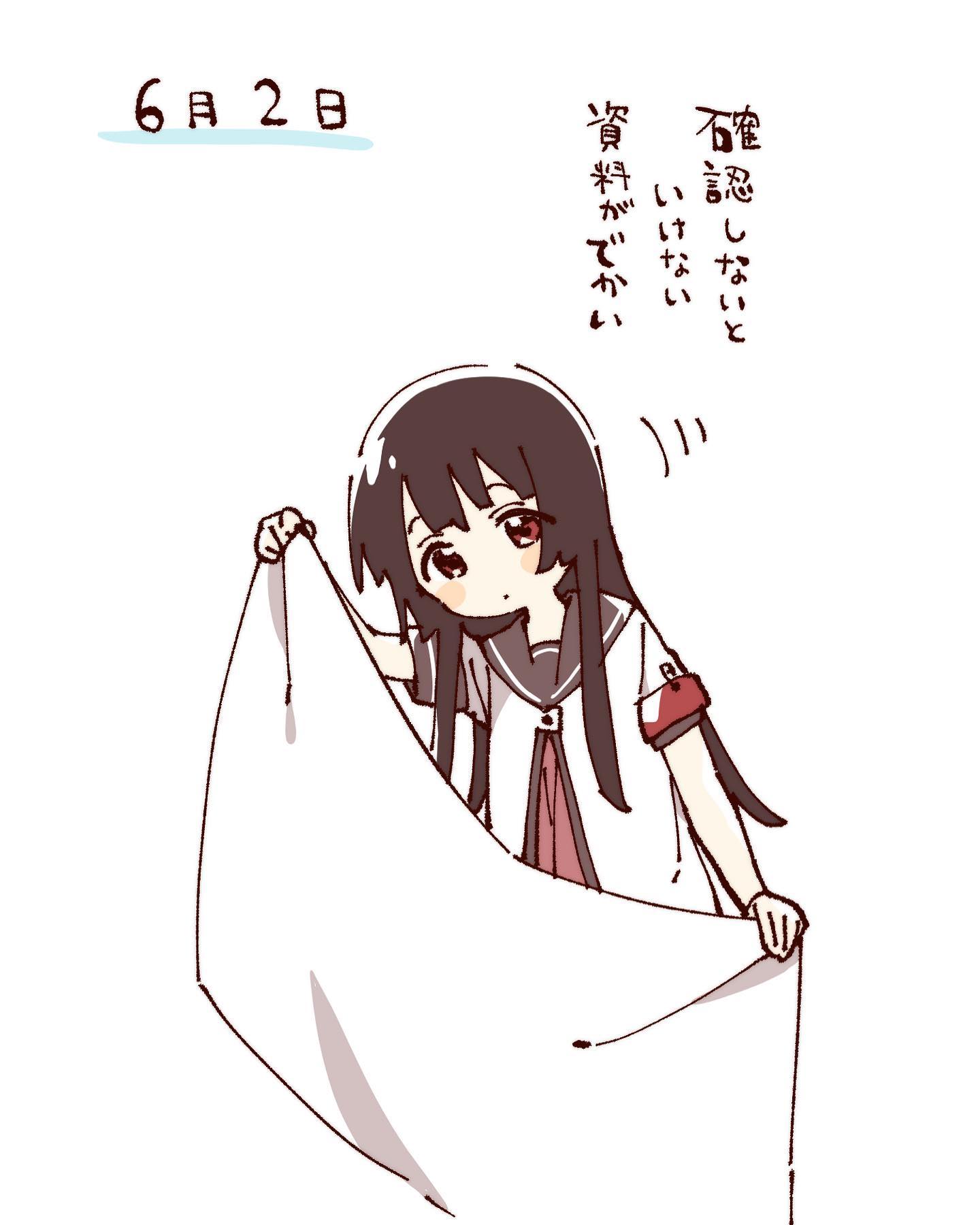 namori, matsumoto rise, yuruyuri, hashtag-only commentary, highres, object request, translation request, 1girl, black hair, blush stickers, brown sailor collar, closed mouth, cropped torso, dress, holding, long hair, nanamori school uniform, pleated dress, red dress, red eyes, sailor collar, school uniform, shirt, short sleeves, simple background, solo, summer uniform, white background, white shirt