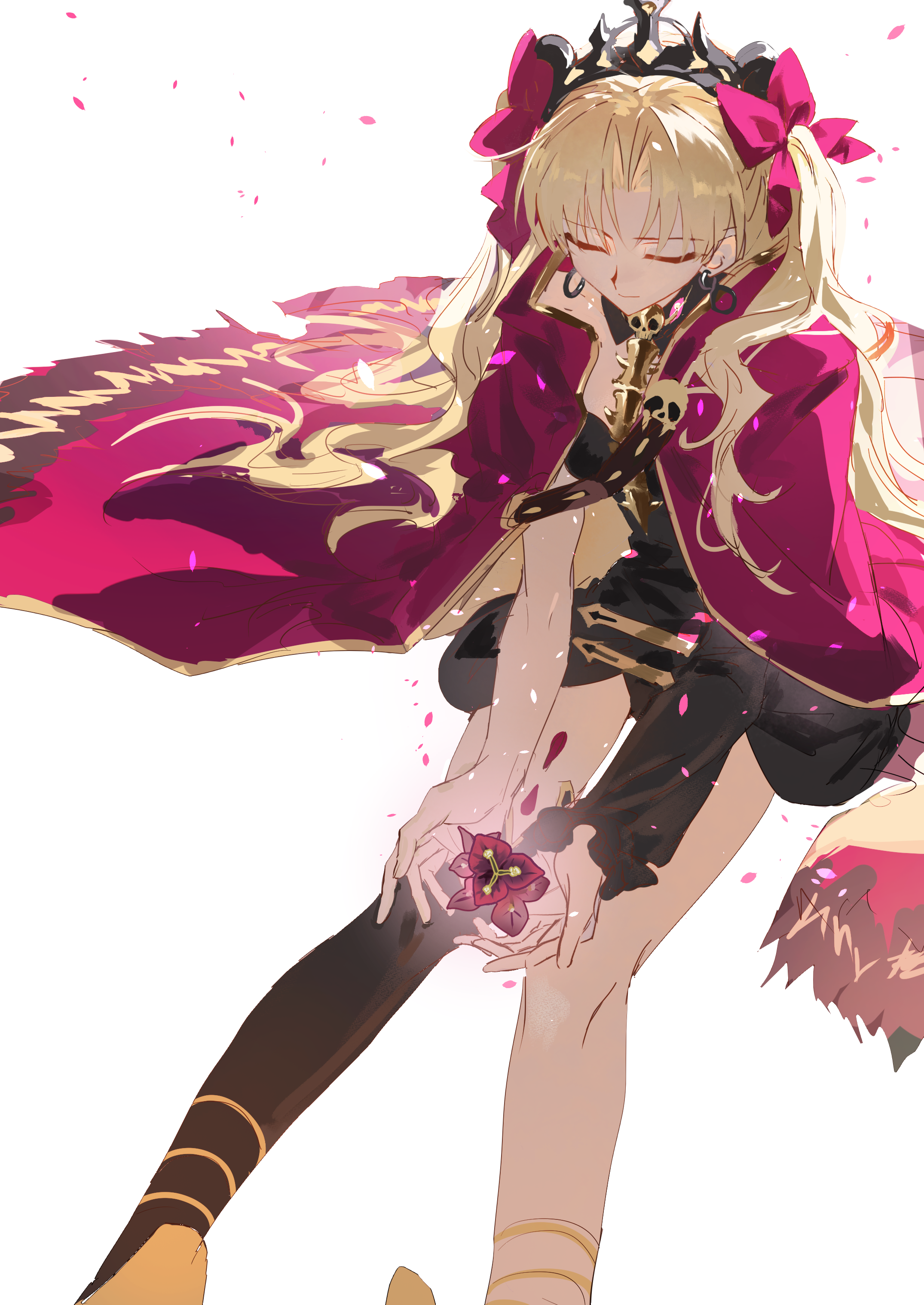 regenerate0330, ereshkigal (fate), fate/grand order, fate (series), absurdres, highres, 1girl, blonde hair, cloak, closed eyes, dress, earrings, falling petals, feet out of frame, flower, hair ribbon, holding, holding flower, jewelry, long hair, parted bangs, petals, red cloak, ribbon, simple background, single thighhigh, sitting, smile, solo, thighhighs, tiara, two side up, white background