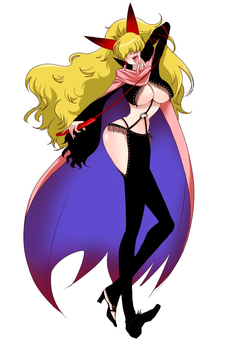 noroken, sadi-chan, one piece, bad id, bad pixiv id, 1girl, blonde hair, breasts, cloak, female focus, fringe trim, hair over eyes, horns, impel down, long hair, open mouth, revealing clothes, simple background, smile, solo, tongue, underboob, very long hair, whip