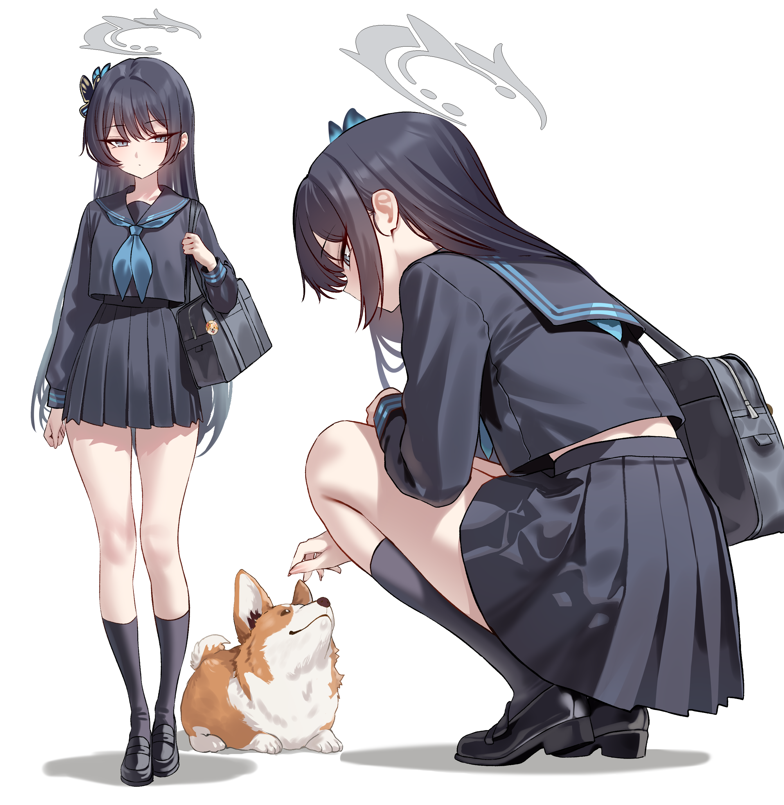 shigure s, kisaki (blue archive), blue archive, absurdres, highres, 1girl, bag, black hair, black sailor collar, black shirt, black shoes, black skirt, blush, breasts, butterfly hair ornament, dog, full body, grey eyes, hair ornament, halo, kneehighs, loafers, long hair, long sleeves, looking at viewer, multiple views, neckerchief, pleated skirt, sailor collar, school bag, school uniform, shirt, shoes, skirt, small breasts, socks, squatting