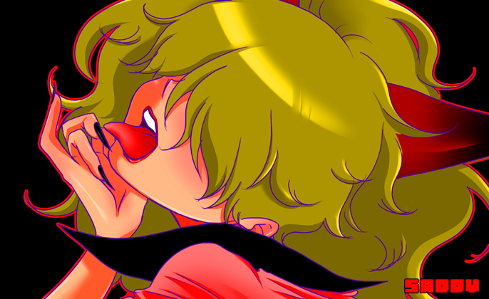 noroken, sadi-chan, one piece, bad id, bad pixiv id, 1girl, blonde hair, blush, female focus, fingernails, hair over eyes, impel down, lipstick, makeup, nail (hardware), open mouth, solo, tongue
